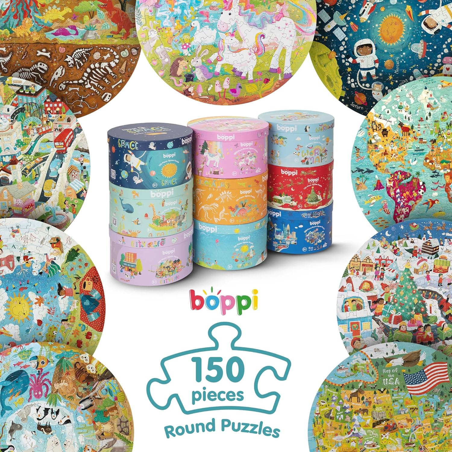 boppi Rompecabezas redondo de animales alrededor del mundo con tarjeta 100% reciclada, selva ártica, desierto, océano y bosque, 150 piezas para
