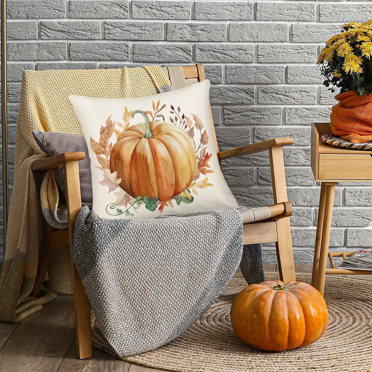 Funda de almohada de otoño de 18 x 18 pulgadas, calabaza naranja, acuarela, hojas de arce, corona, cosecha, decoración de casa de campo para el
