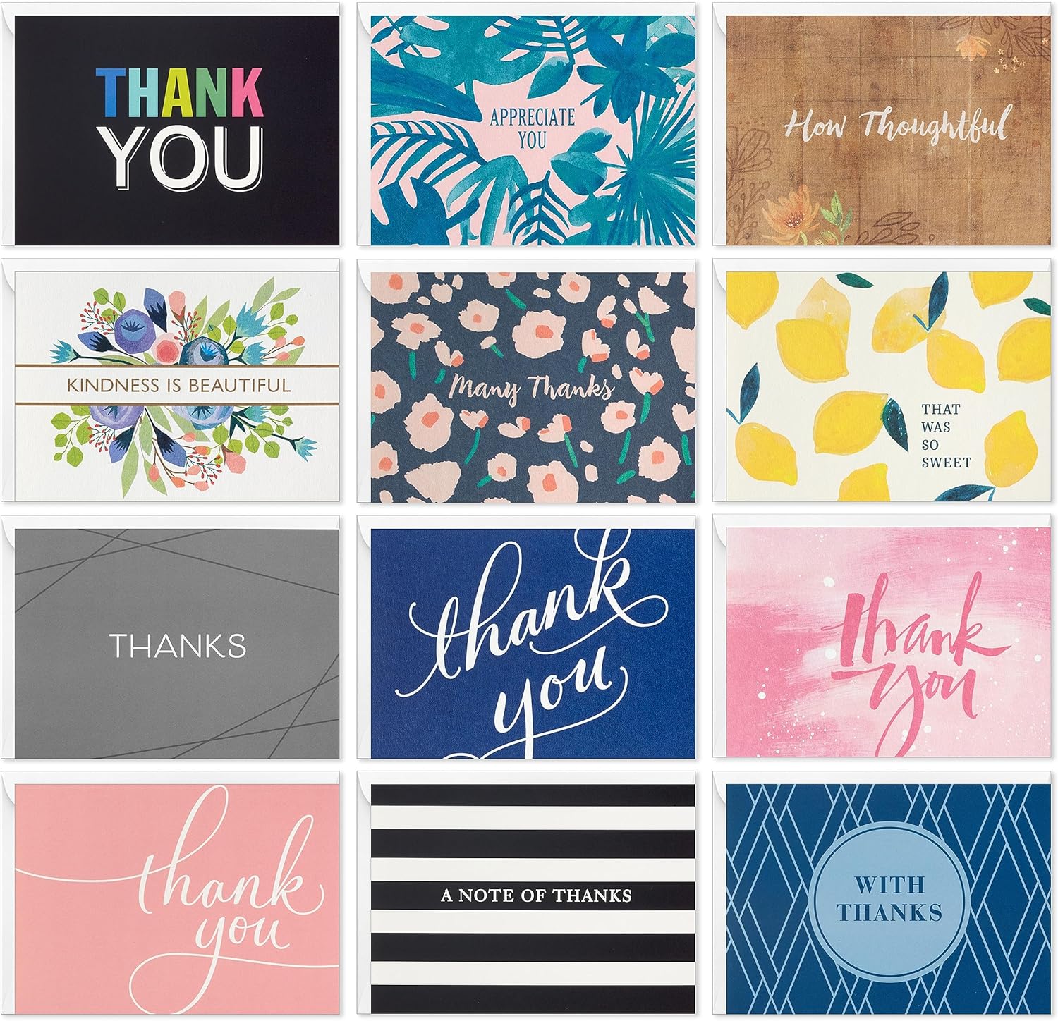 Hallmark Surtido de tarjetas de agradecimiento a granel (48 tarjetas en blanco con sobres) rosa, negro, dorado, floral