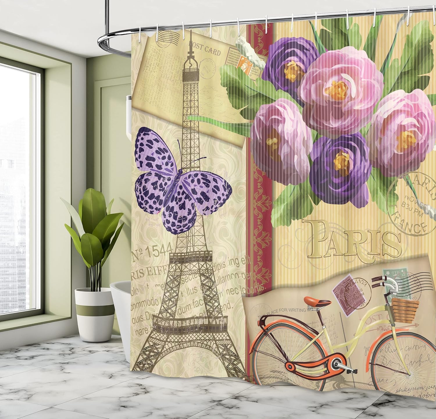 Ambesonne Cortina de ducha de París, famoso monumento francés de la Torre Eiffel con impresión abstracta de fondo a rayas, juego de decoración de
