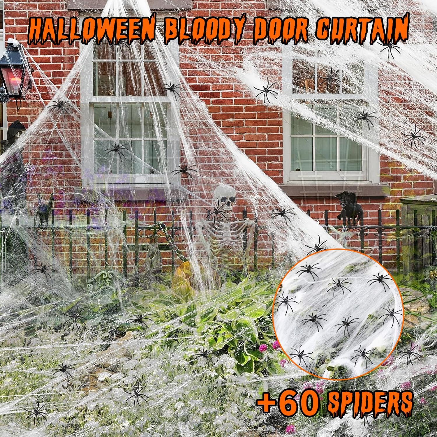 Telaraña de Halloween de 1500 pies cuadrados con 60 arañas falsas extra, telarañas falsas superelásticas, telarañas blancas espeluznantes,