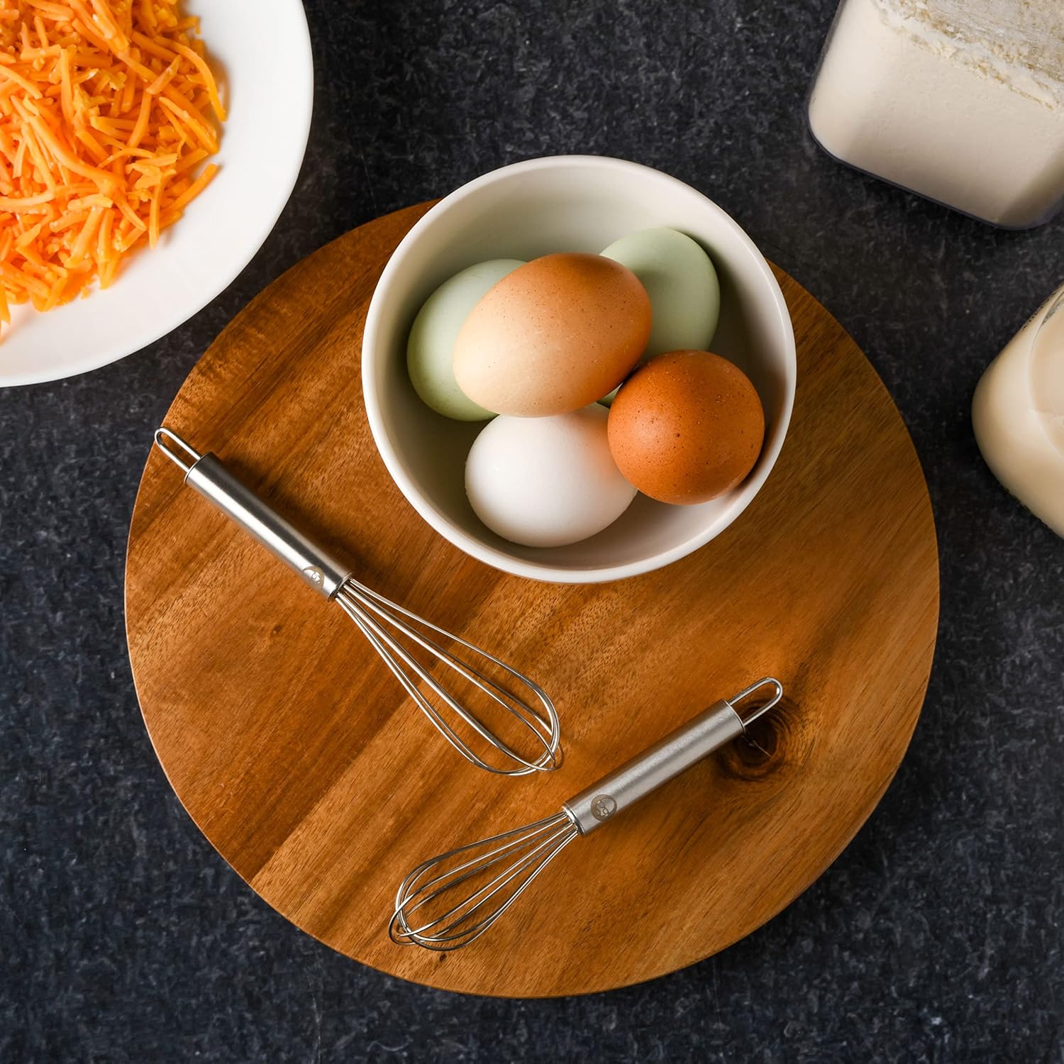 Babish Wok de fondo plano de acero al carbono y sartén para freír, juego de batidor pequeño de acero inoxidable de 14 pulgadas y 2 piezas