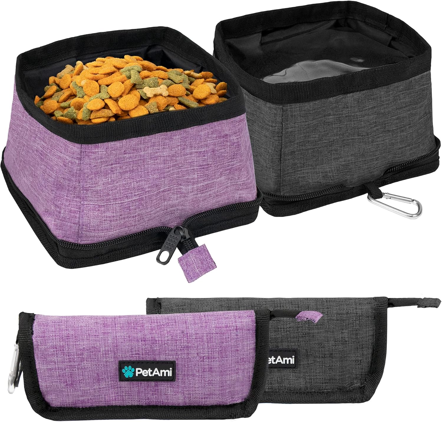 PetAmi Paquete de 2 cuencos plegables para perros, juego de tazones de comida y agua, plato portátil para mascotas sin derrames, cuencos plegables