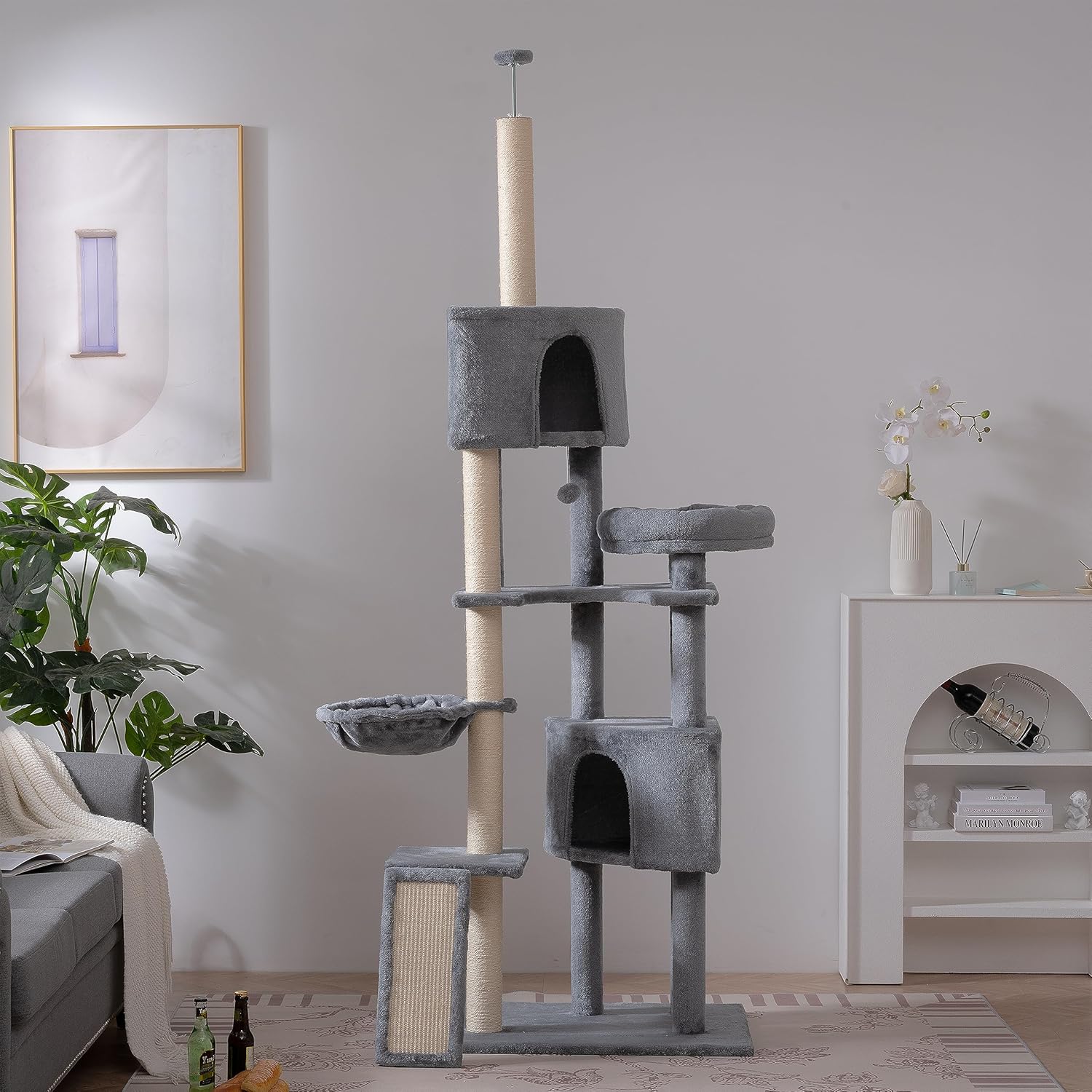 JINTANGLI PET Árbol moderno para gatos, torre grande de varios niveles para gatos con condominio y cesta colgante, árbol alto para gatos con postes