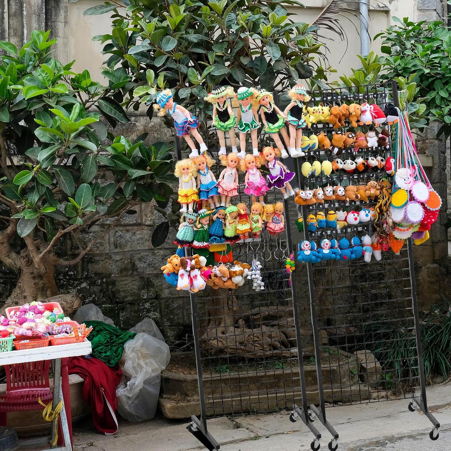 Blulu Juego de paneles de pared de rejilla desmontables, paneles de rejilla de alambre con ruedas y patas, estante de exhibición de alambre para