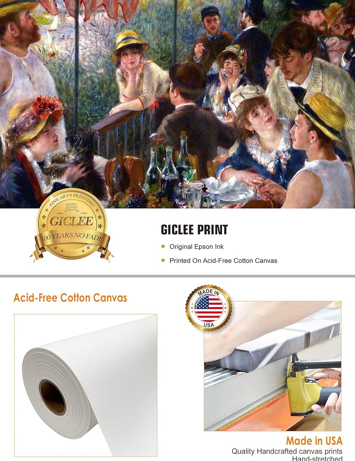 DECORARTS – Almuerzo de la fiesta náutica de Pierre-Auguste Renoir. Reproducción de pintura al óleo, impresión giclée sobre lienzo. Arte de pared