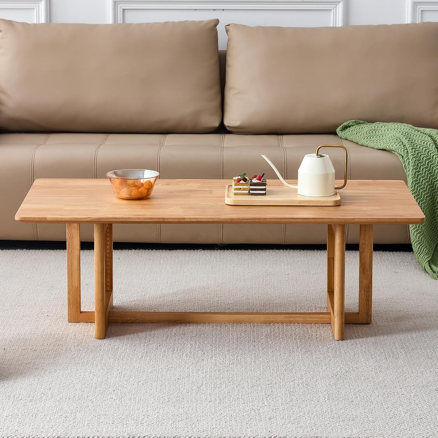 Mesa de centro de madera moderna de mediados de siglo con soporte de ratán de polietileno, mesa de café rectangular de madera maciza de 47 pulgadas,