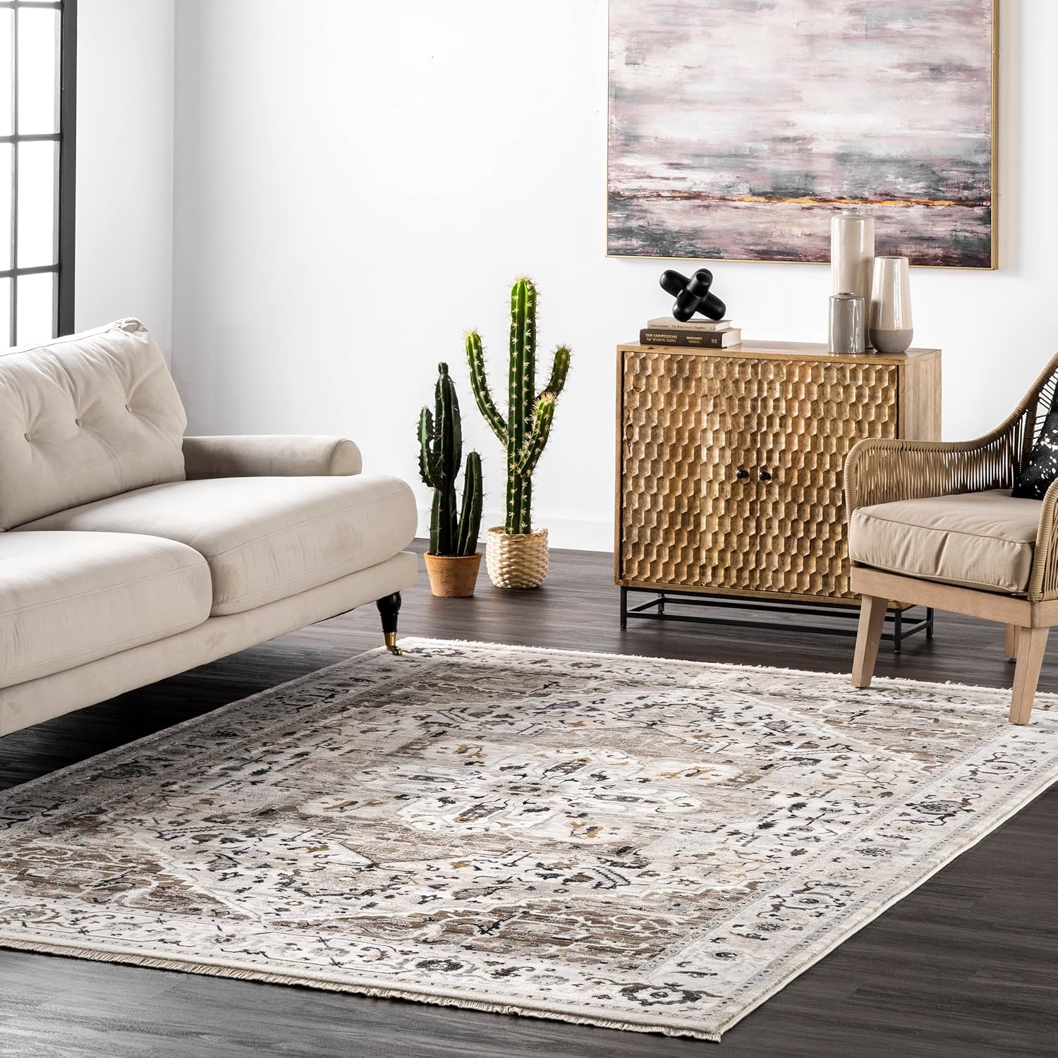 nuLOOM Oliveira – Alfombra de área con flecos y medallones florales, 4 x 6, color beige