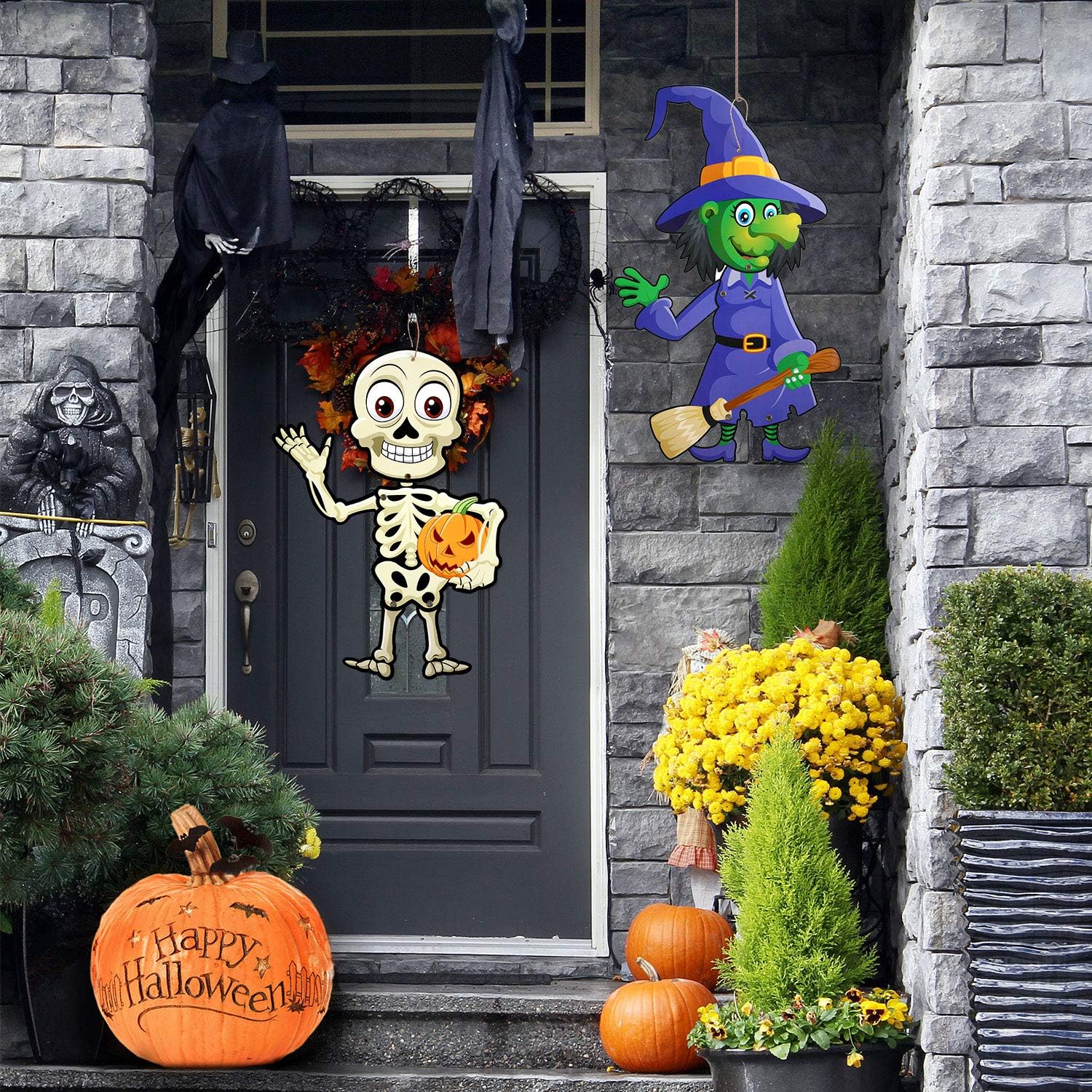 Sumind 4 juegos de decoración divertida de Halloween para fiesta de Halloween, figuras articuladas, colgador de puerta de Halloween, carteles