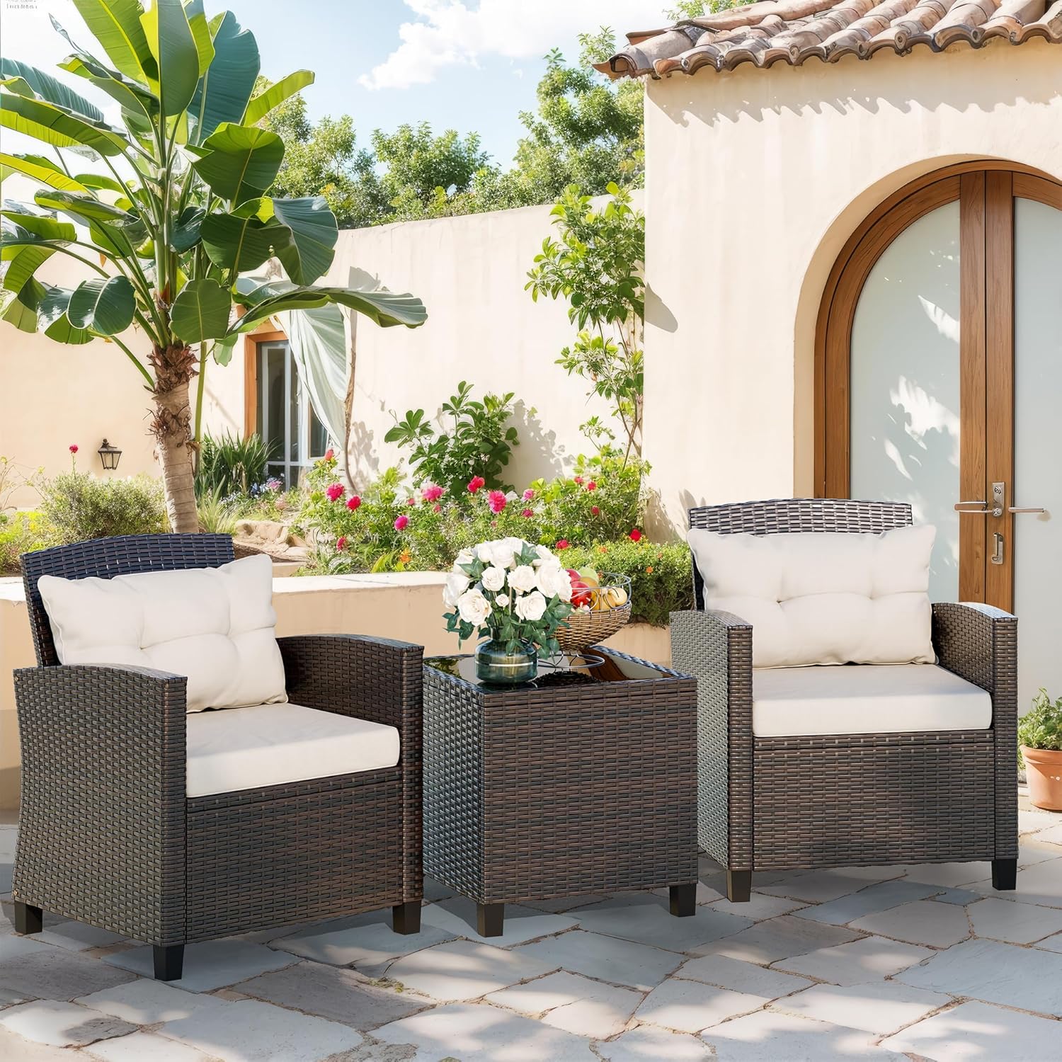Vongrasig Juego de muebles de patio de 3 piezas pequeños de mimbre para exteriores, porche, bistró, juego de sillas de patio acolchadas con mesa de