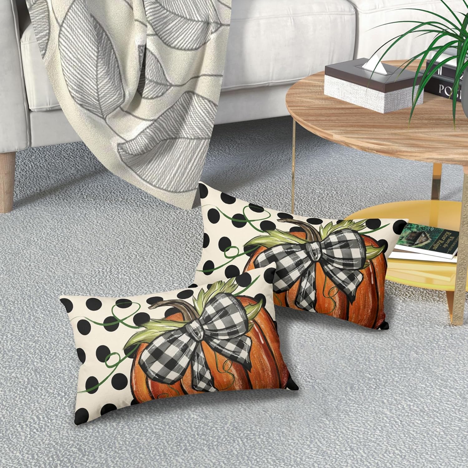 Juego de 2 fundas de almohada lumbares de calabaza con lunares otoñales de 12 x 20 pulgadas, para decoración del hogar, sofá, porche, exteriores