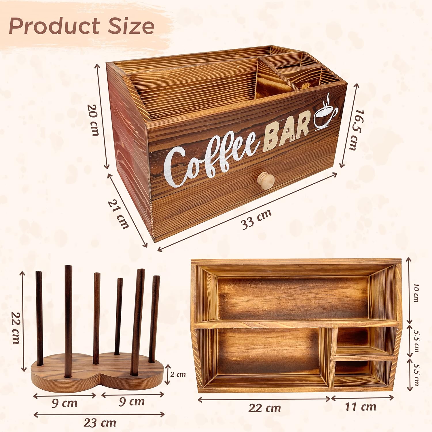 Organizador de estación de café para encimera, organizador de madera para barra de café, cesta de almacenamiento con cajón, organizador de