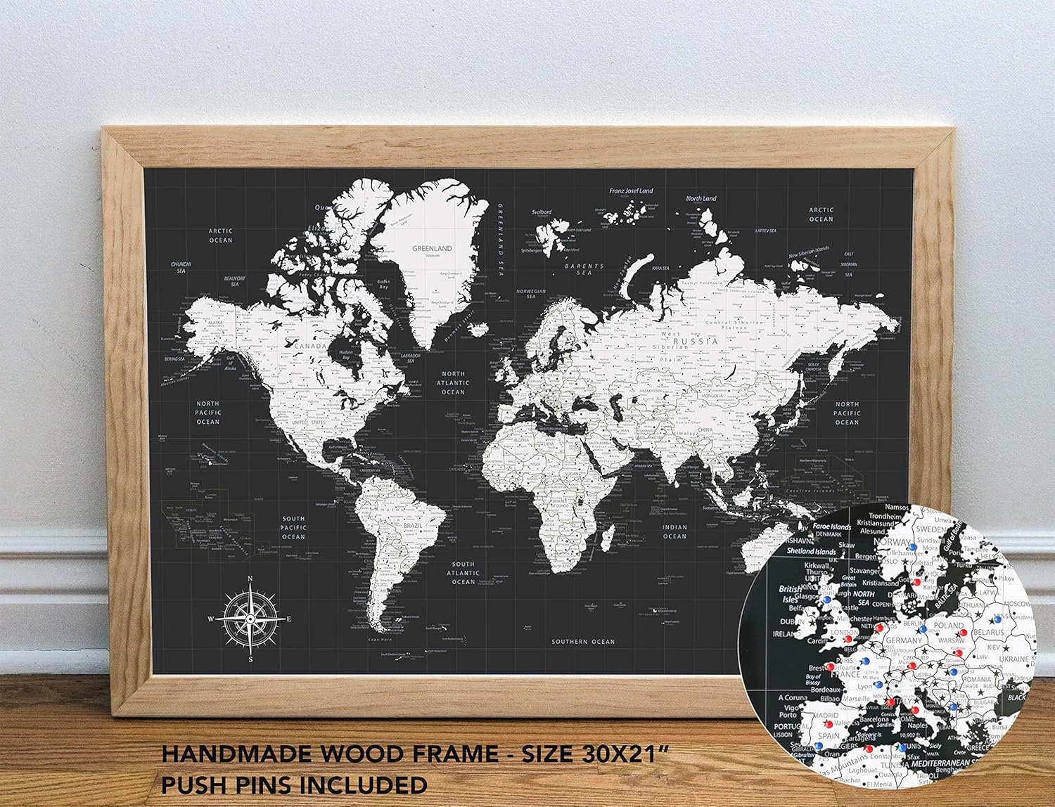 Push Pin World Map Foam Board Mounted, Sizes 24×36, 16×24, Large Travel Map (24×36)