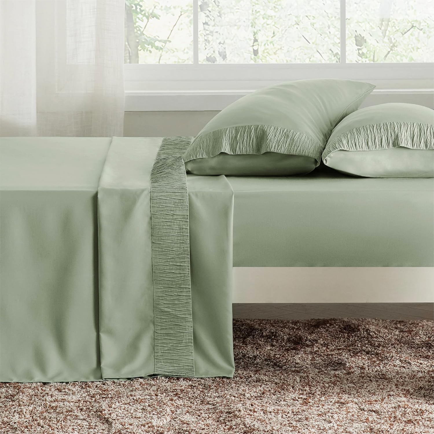 Bedsure Juego de sábanas de tamaño California King, sábanas suaves para cama tamaño California King, 4 piezas de hotel de lujo verde salvia