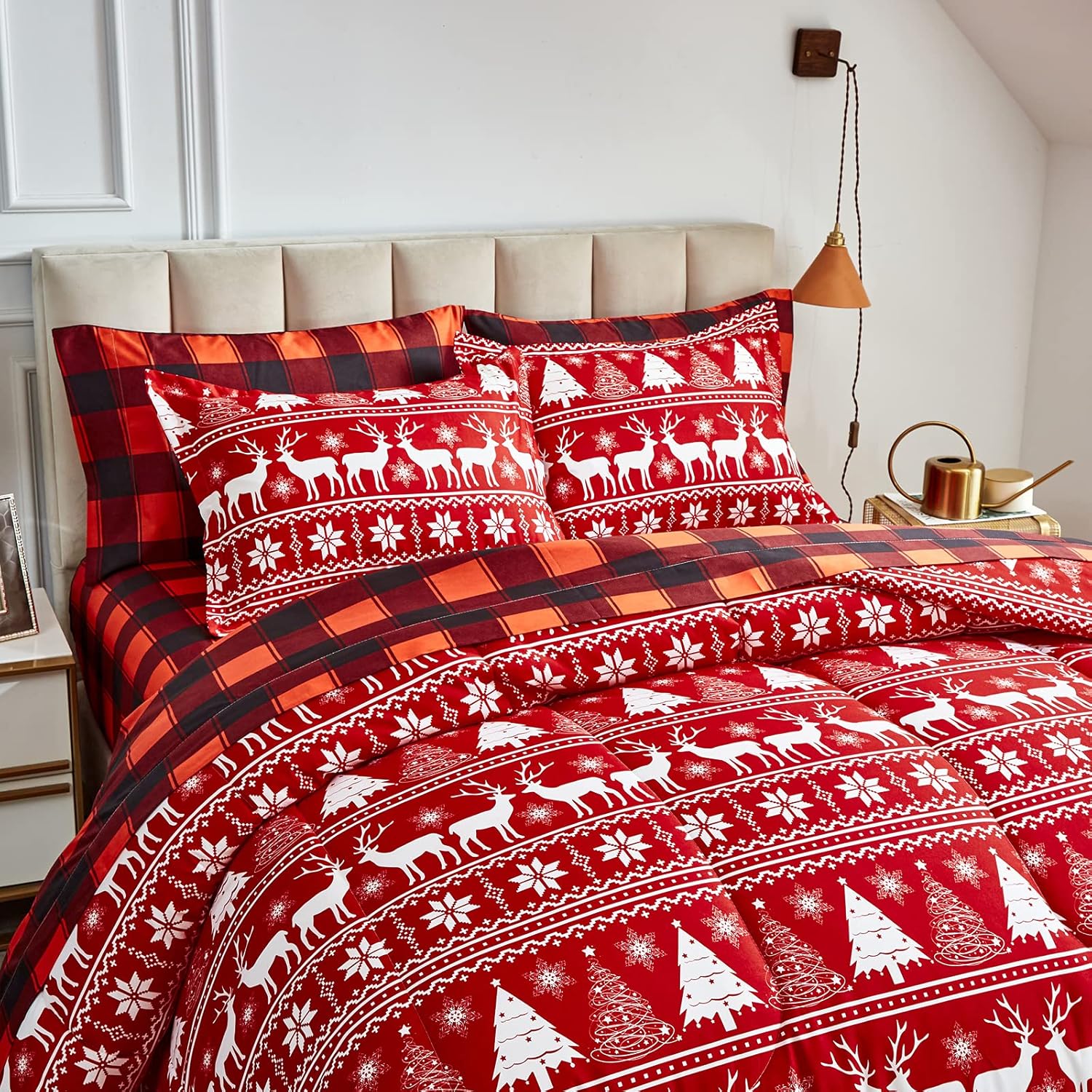 Juego de edredón de 7 piezas de cama en una bolsa, diseño de ciervo rojo con copos de nieve, tamaño Queen, estilo festivo, suave y reversible (1