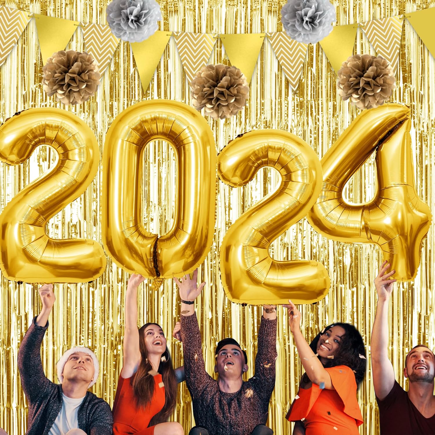 Yawagor – Suministros para fiesta de Año Nuevo 2024, 42 decoraciones doradas para fiestas de Año Nuevo, juego de globos de aluminio de 36 pulgadas,