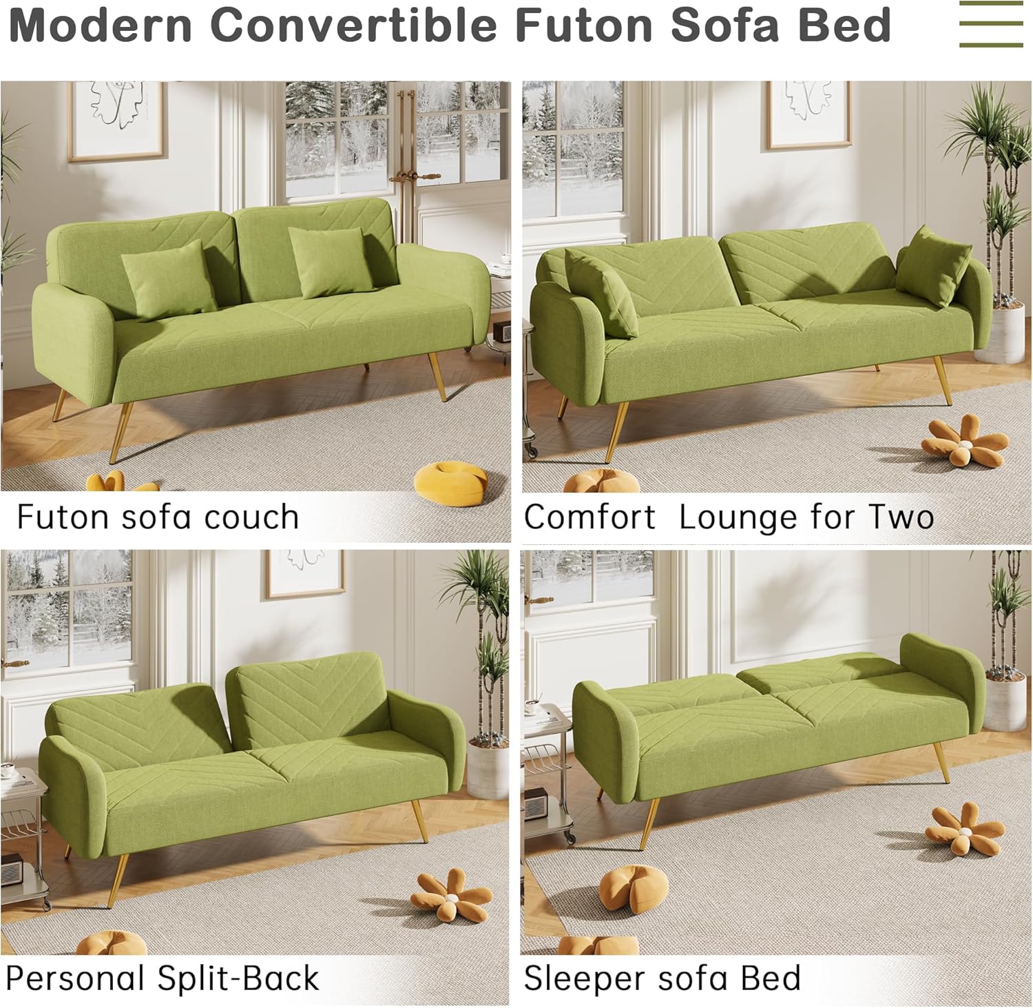 Sofá biplaza verde de 70 pulgadas, sofá cama moderno de mediados de siglo con respaldo dividido y dos almohadas, sofá cama convertible para sala de