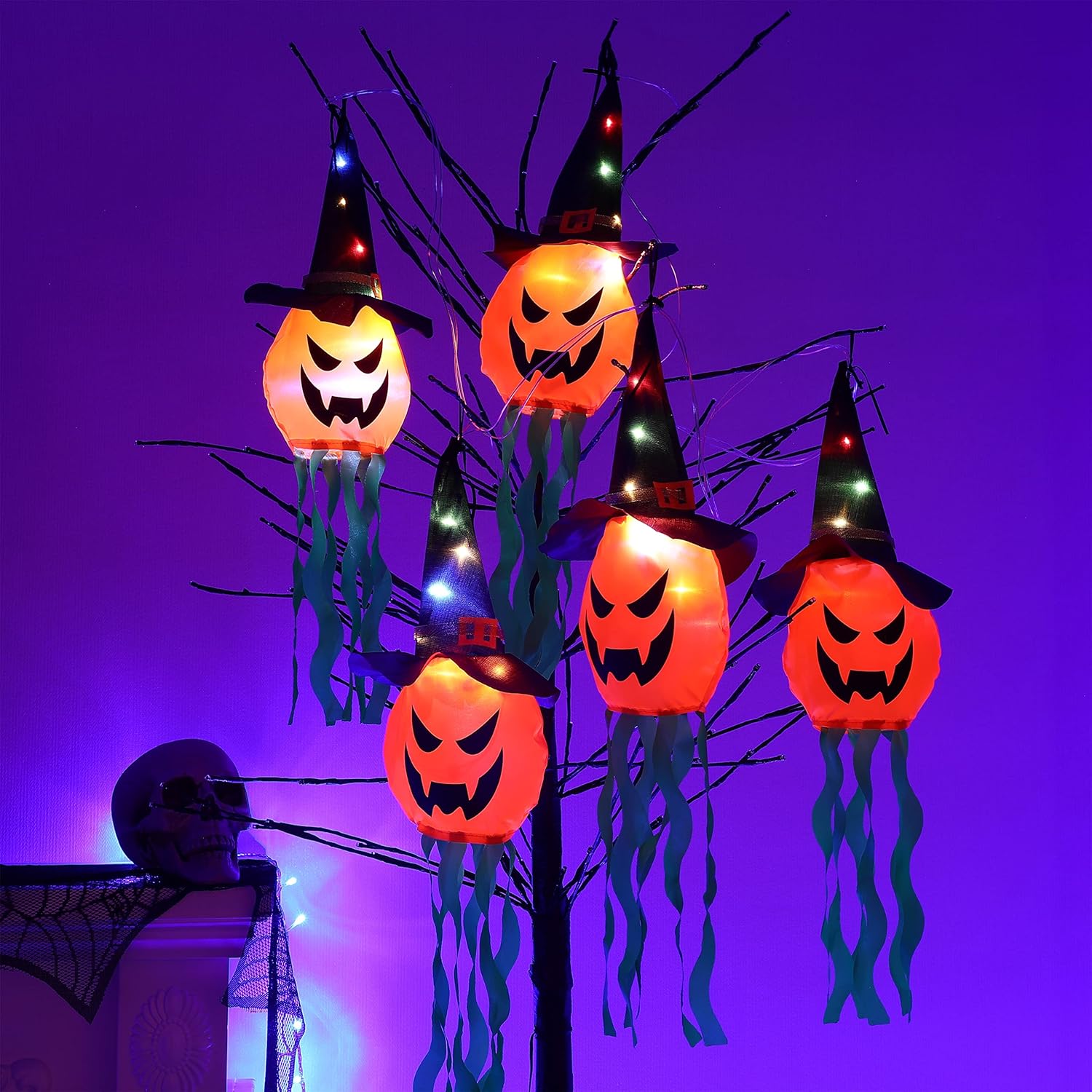 Guirnalda de luces de Halloween para colgar al aire libre, 12 pies, 30 luces LED, 5 piezas de sombrero de bruja aterrador, calabaza, funciona con
