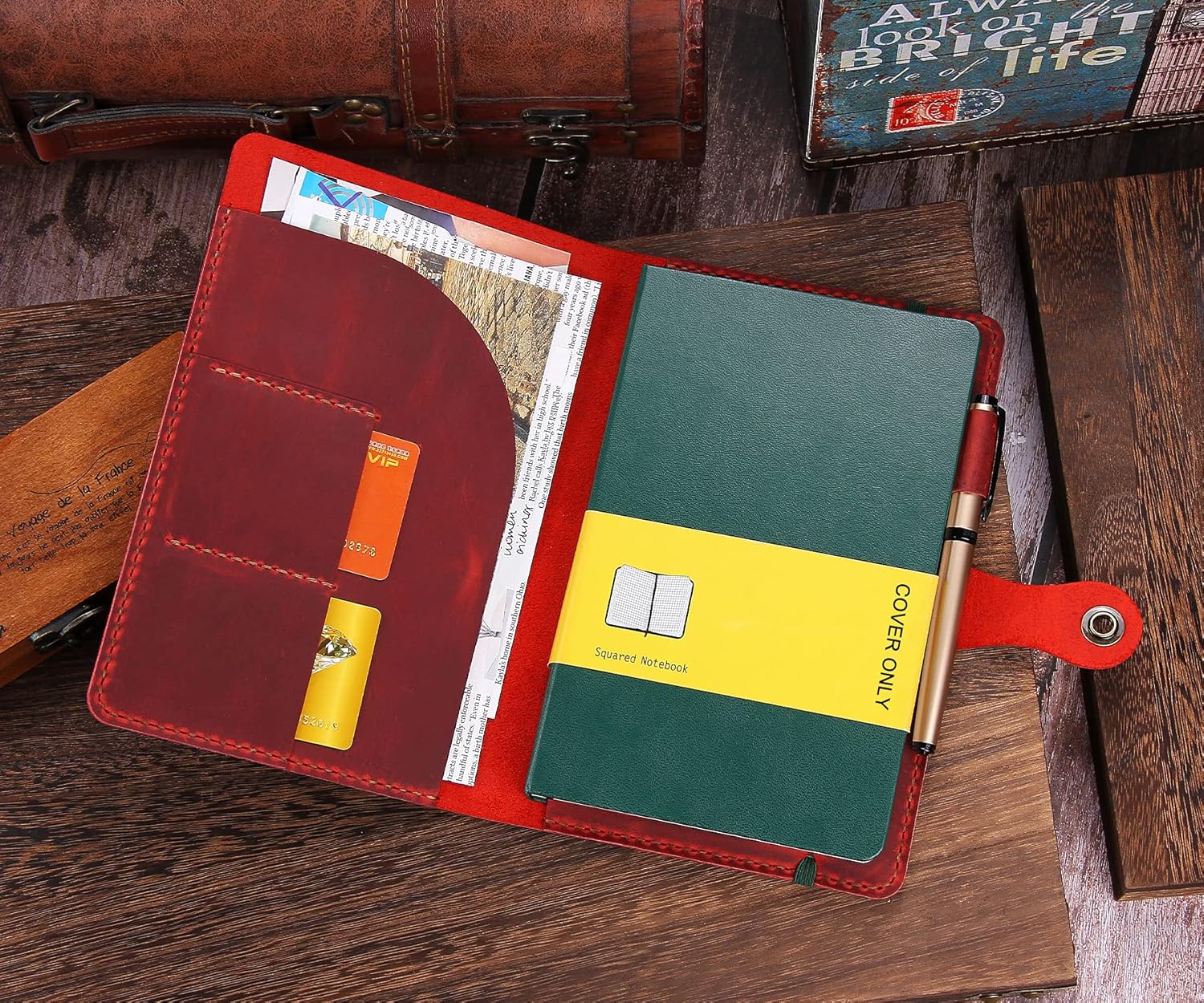 Moleskine – Funda hecha a mano para cuaderno Moleskine de tapa dura, tamaño grande, 5 x 8.25 pulgadas, funda de cuero vintage con soporte para