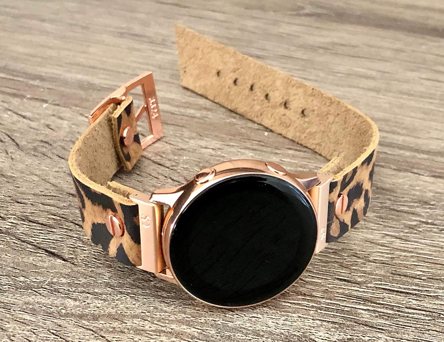 Leopard Print Genuine Leather Band for Samsung Galaxy Watch 42mm Adjustable Size Strap Bracelet Smartwatch Rose Gold Metal Jewelry Wristband