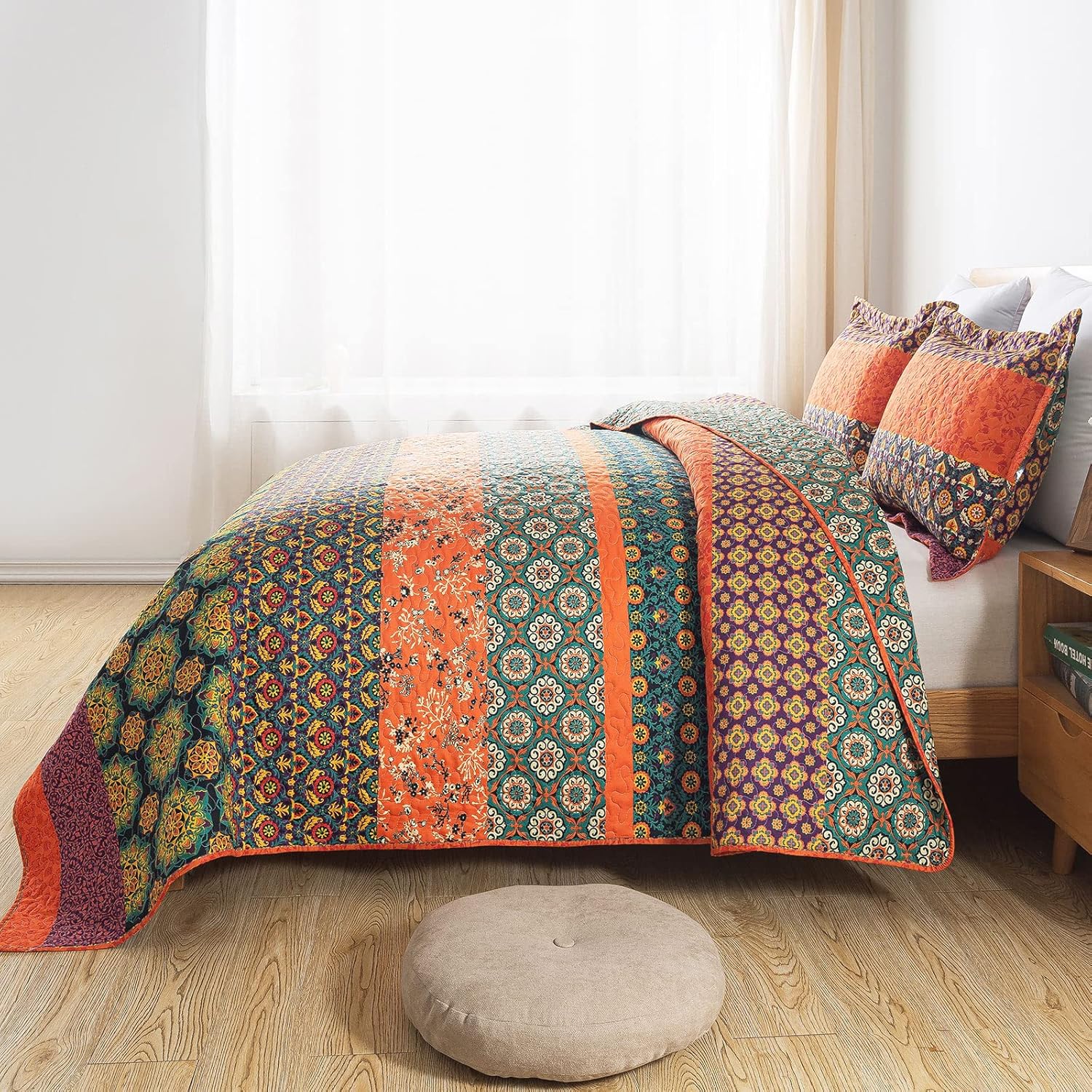 HoneiLife Juego de edredón tamaño Queen  Colcha de microfibra de 3 piezas, colchas ligeras de flores silvestres, funda de cama retro, juego de ropa