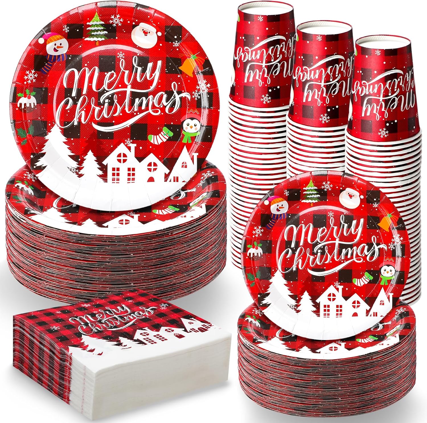 Soaoo Juego de vajilla desechable de Navidad de 400 piezas, incluye 100 platos de papel de Navidad de 9 pulgadas, 100 platos de Navidad de 7