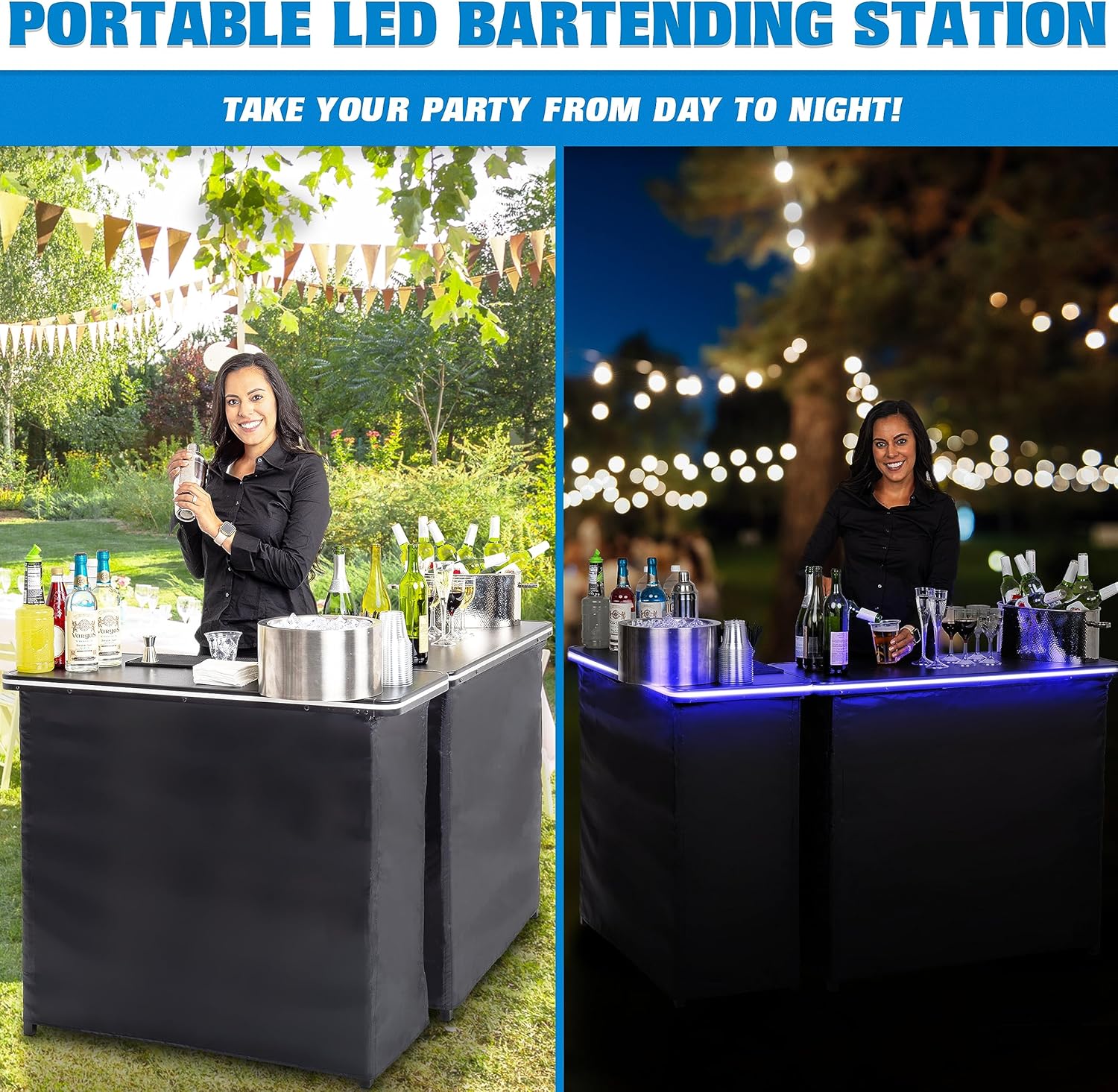 GoBar – Juego de mesa portátil de doble barra con luces LED multicolores, estación móvil de barman para eventos, incluye funda de transporte