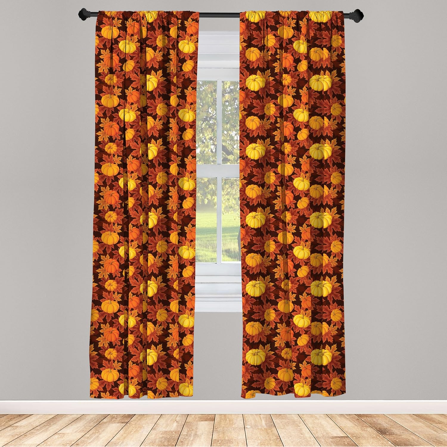 Lunarable Cortinas de calabaza, ilustración otoñal con hojas de arce, plantas de calabaza, patrón de colores cálidos, tratamientos de ventana, juego