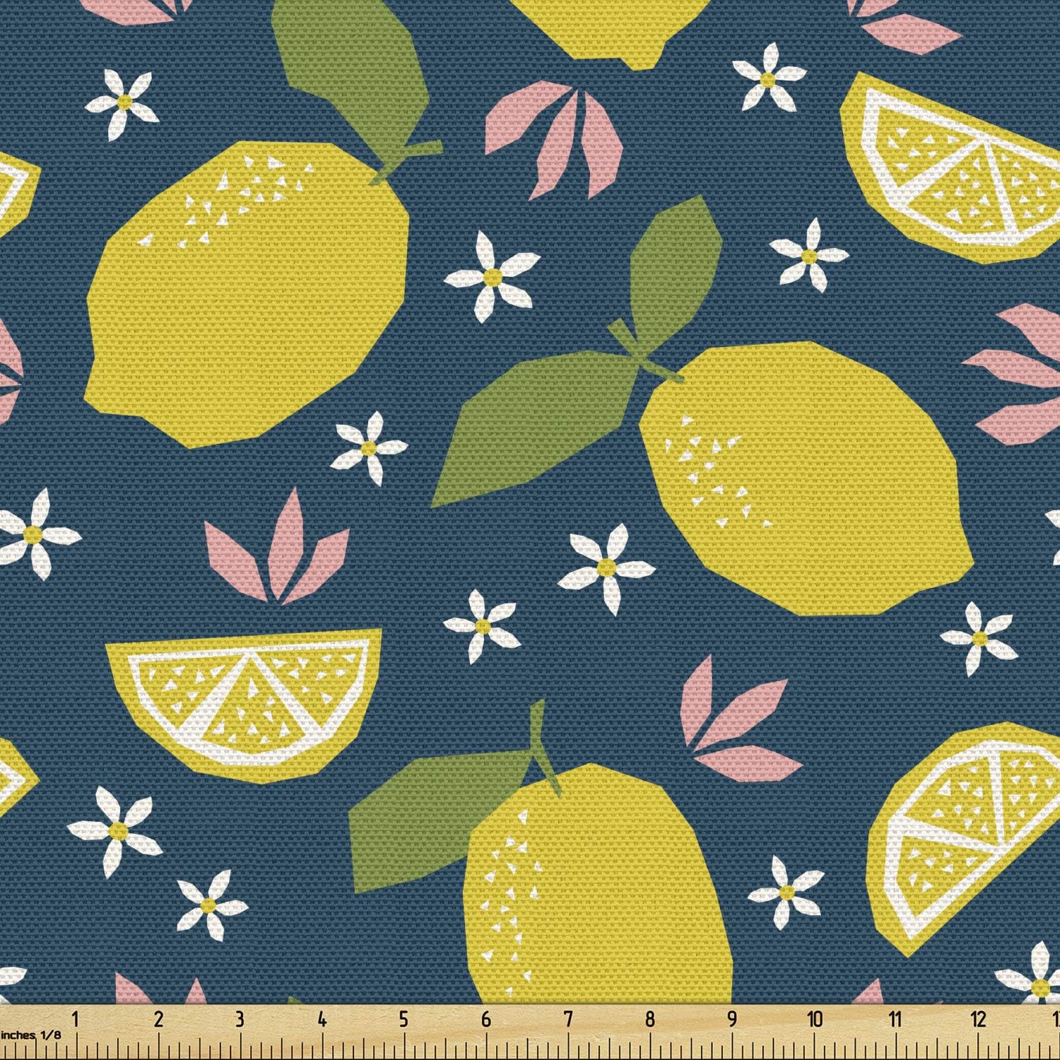 Ambesonne Tela de frutas por The Yard, estampado repetitivo de dibujos animados de limones y flores, tela decorativa para tapicería y detalles del