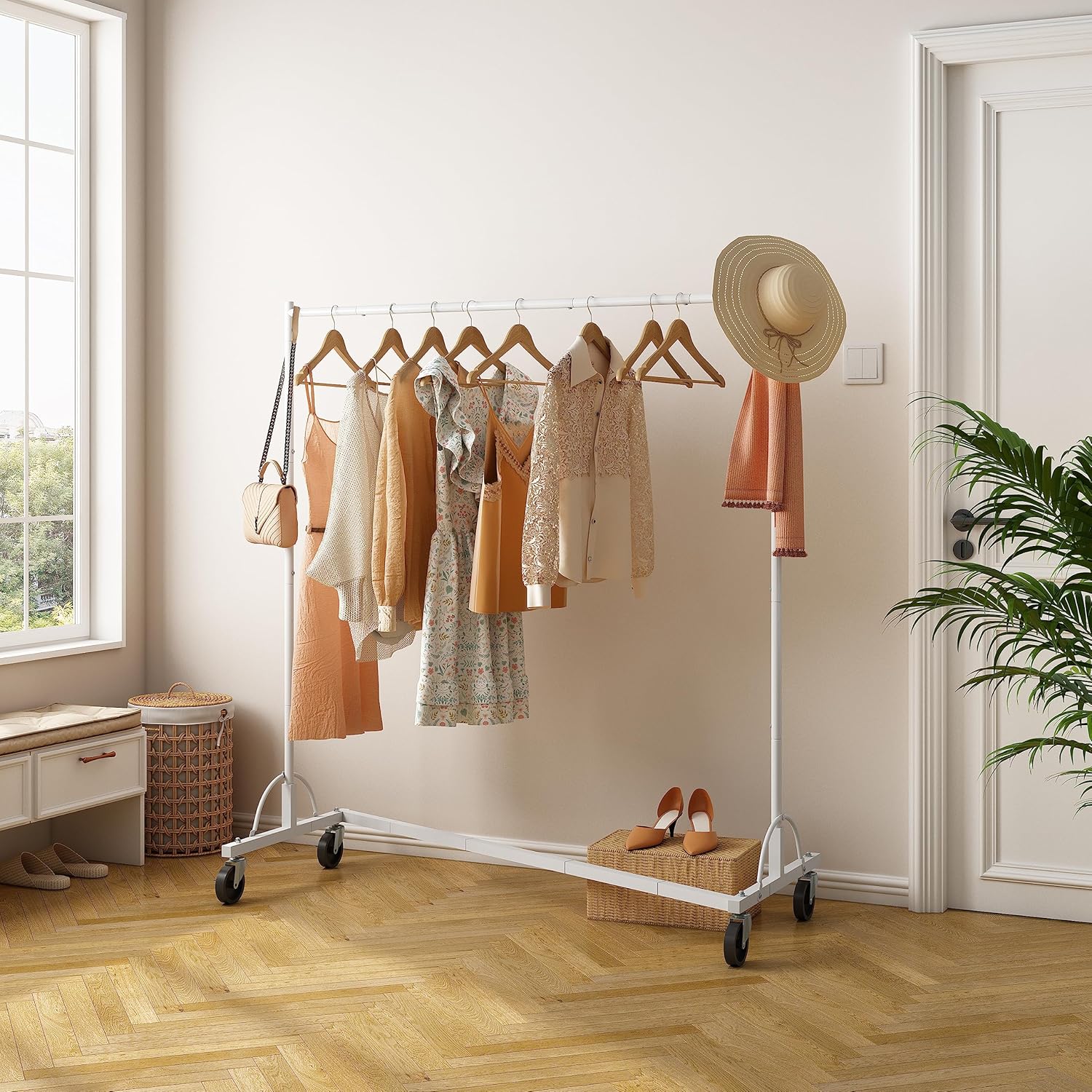 Hoctieon Juego de 2 percheros Z con base en Z, 2 percheros resistentes para ropa, con ruedas con frenos, organizador de ropa, juego de 2, color
