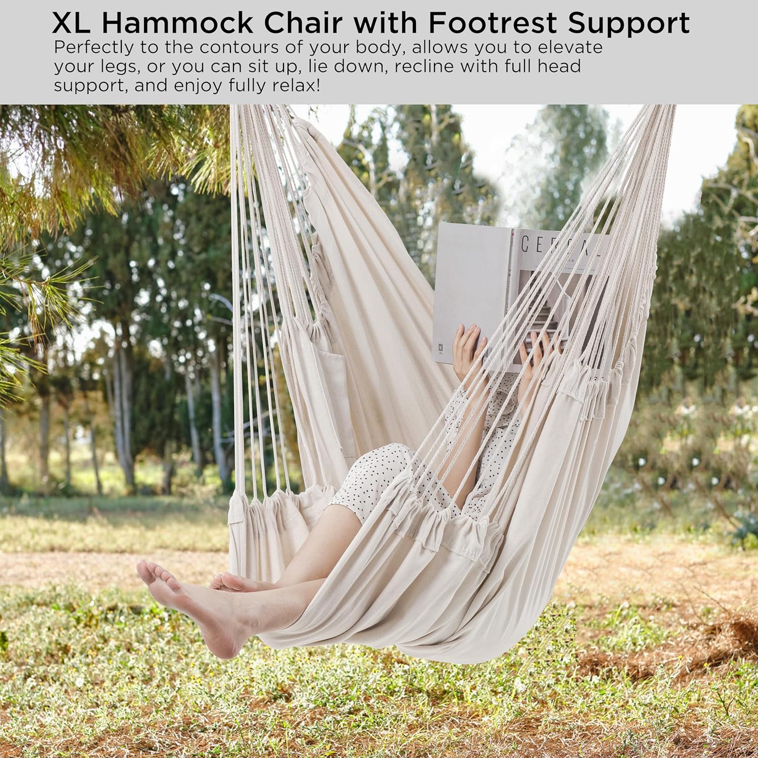 HBlife Hamaca extra de 500 libras, cómoda silla colgante de algodón, columpio para dormitorio, beige (sin varilla de metal) XXL