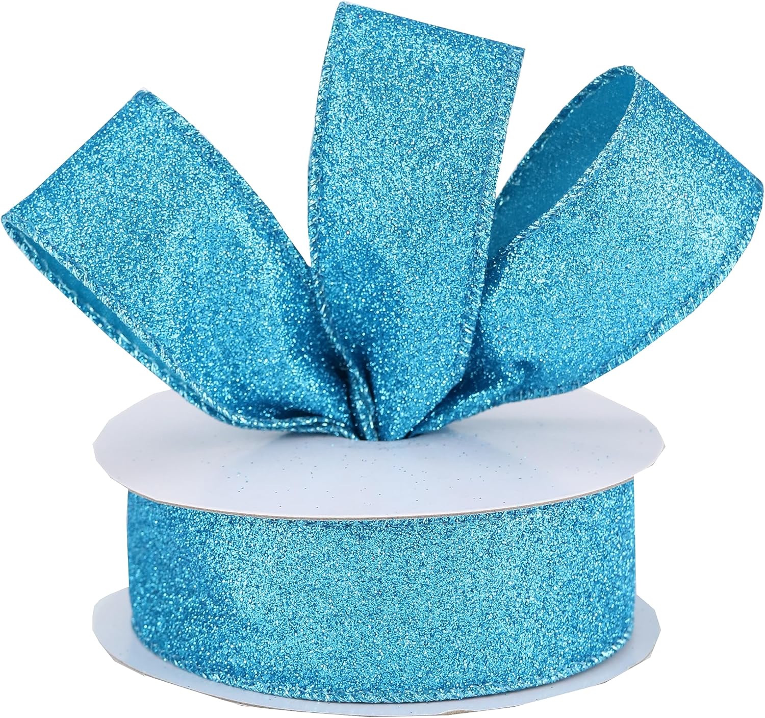 Cinta azul con alambre de 1.5 pulgadas con purpurina turquesa con alambre para decoración de Navidad, cinta azul con alambre para envolver regalos,