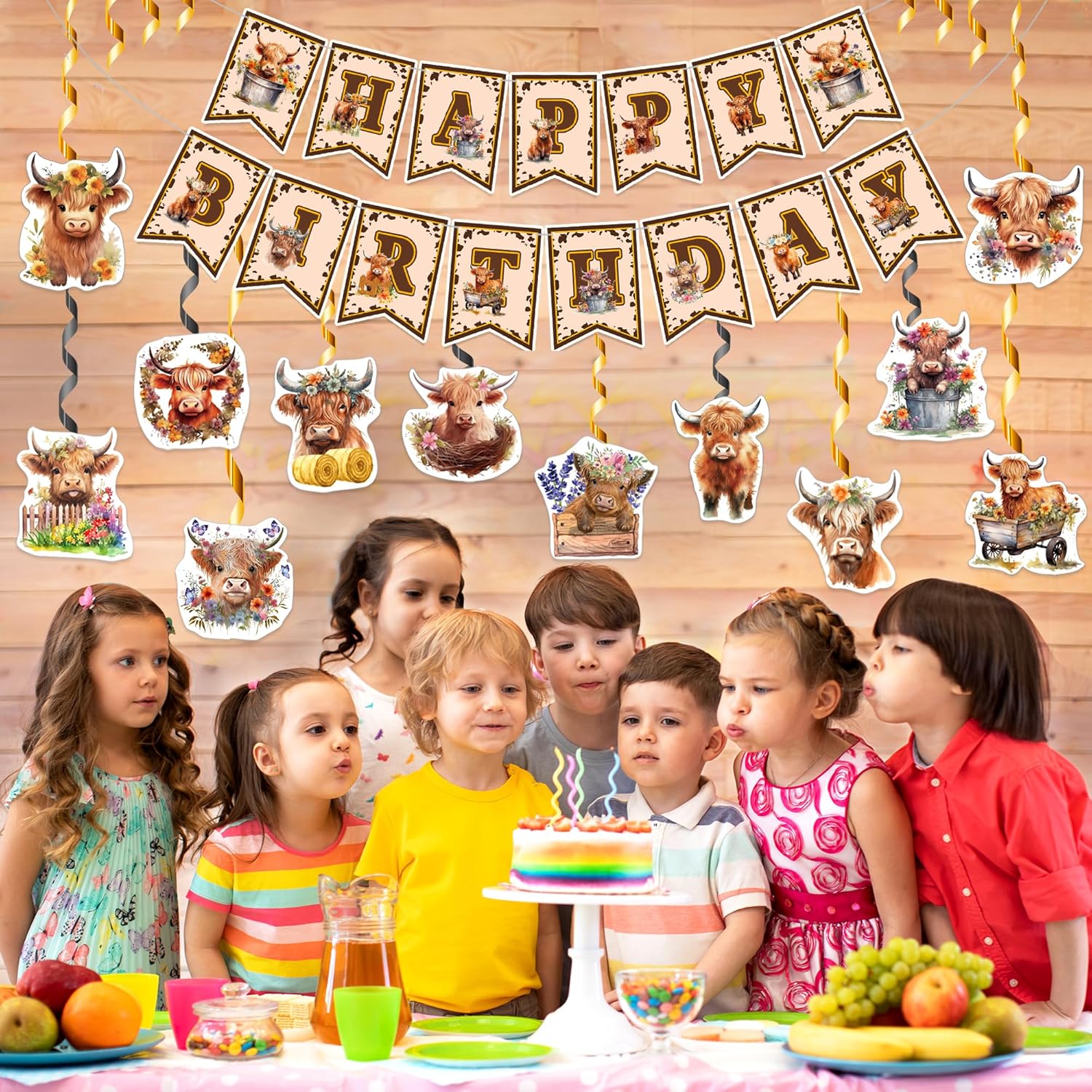 Cartel de decoración de cumpleaños de vaca de las tierras altas con 12 piezas de remolinos colgantes en el techo, serpentinas, suministros para