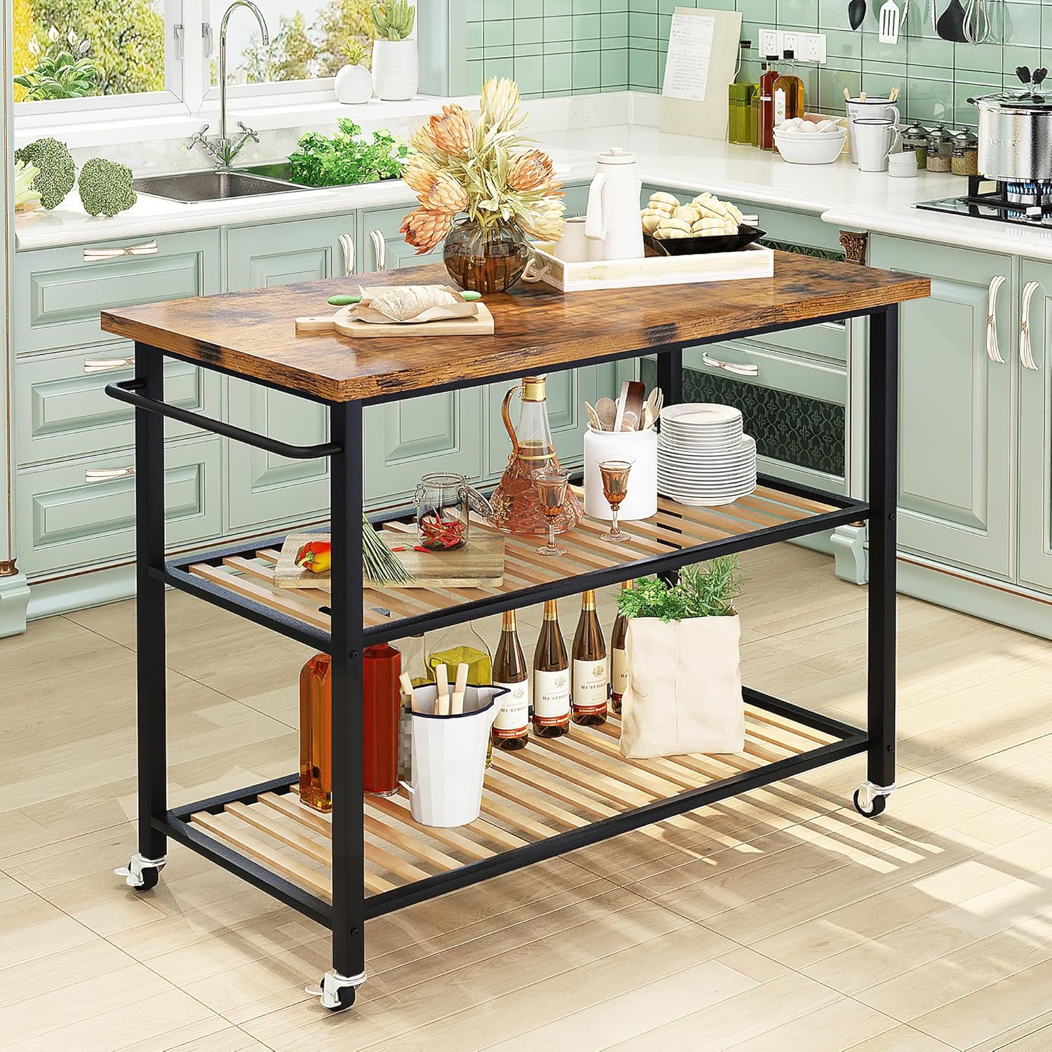 Hooseng Isla de cocina con almacenamiento, carrito de isla de cocina con 3 estantes, isla de cocina rodante, pequeña isla de cocina con marco de