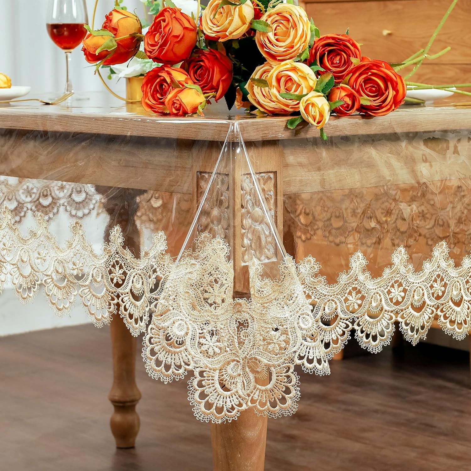OOKSEN Mantel de encaje, mantel de plástico transparente, impermeable, rectangular, protector oblongo, para cocina, comedor, decoración de Navidad