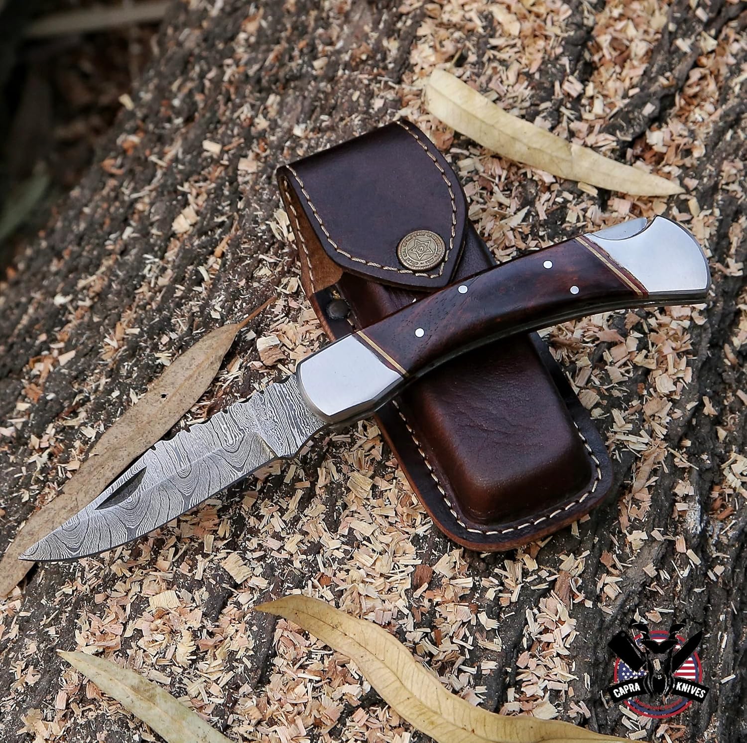 Capra Knives CK-42 Cuchillo de bolsillo plegable hecho a mano de 5 pulgadas plegado, 9 pulgadas de largo en total, mango de madera de rosa de 8