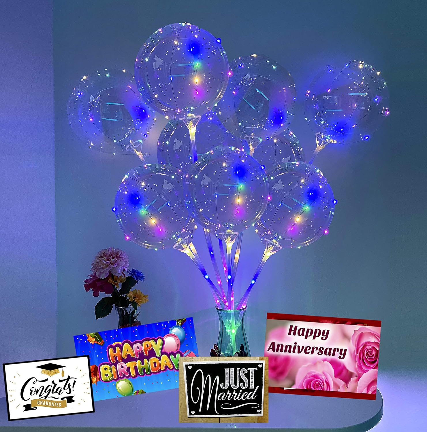 Globos BoBo con luces LED de 20 pulgadas, paquete de 10 barras de 27.6 in, color RGB, decoración, fiesta, Halloween, Navidad, cumpleaños, boda,