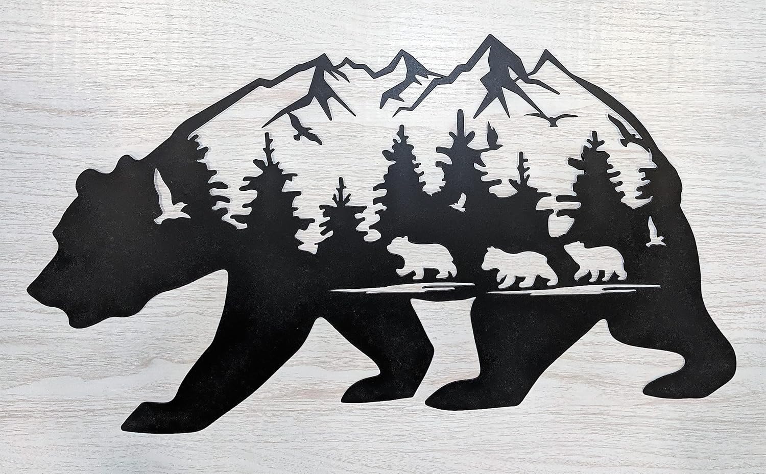 Arte de pared de oso de metal, mamá oso y cachorros, familia de osos en montaña, vista escénica, decoración para colgar en la pared, decoración