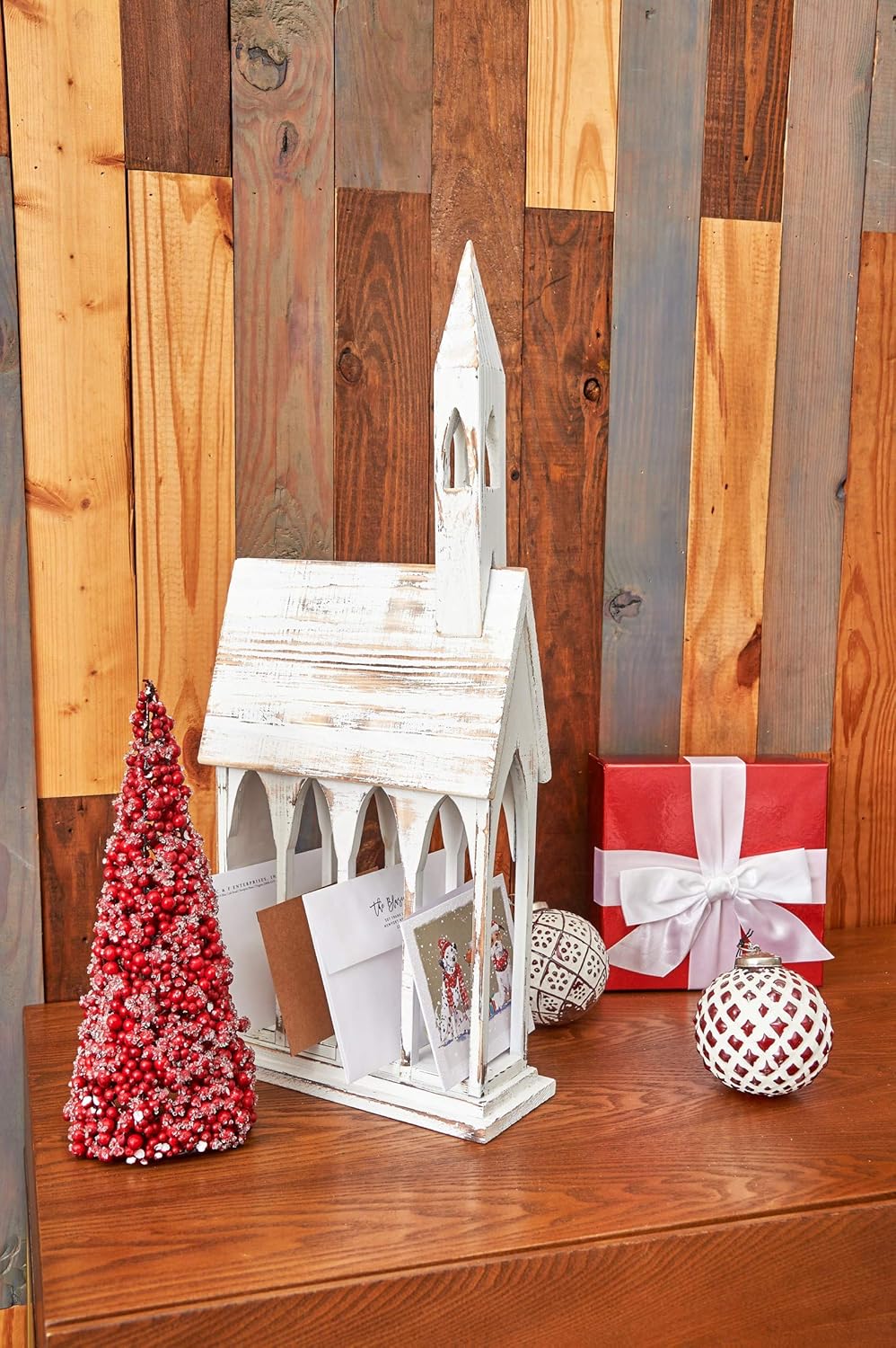 Gallerie II Soporte para tarjetas de iglesia, madera rústica, envejecida, decoración del hogar, decoración para Navidad, vacaciones, día festivo,