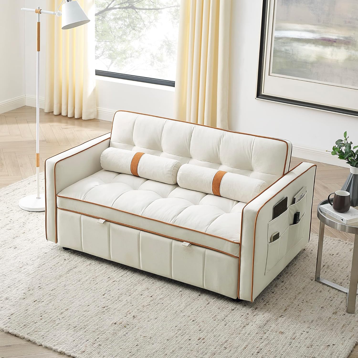 Sofá cama extraíble, color beige de 38.5 pulgadas de ancho + bolsillos laterales y almohadas lumbares