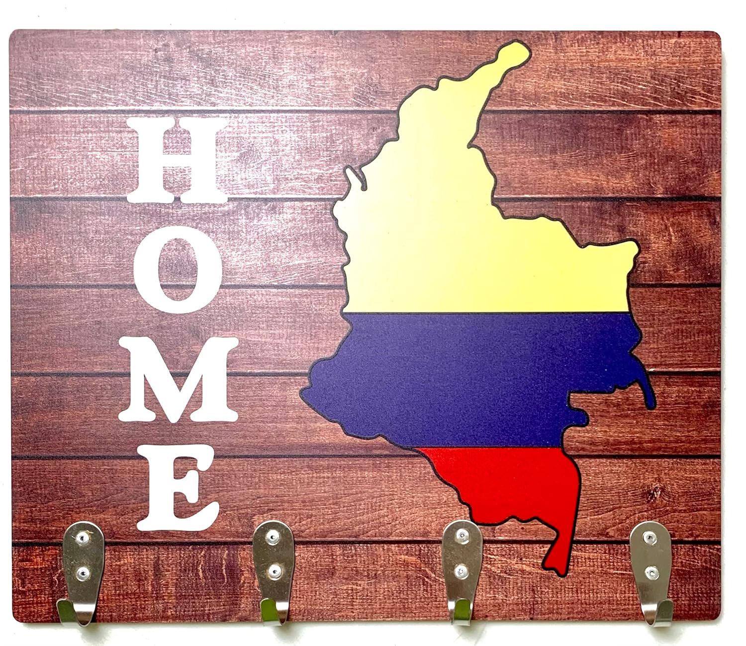 Key holder with the flag and map of COLOMBIA, ideal to highlight COLOMBIAN pride. Four stainless steel hooks. wood effect.