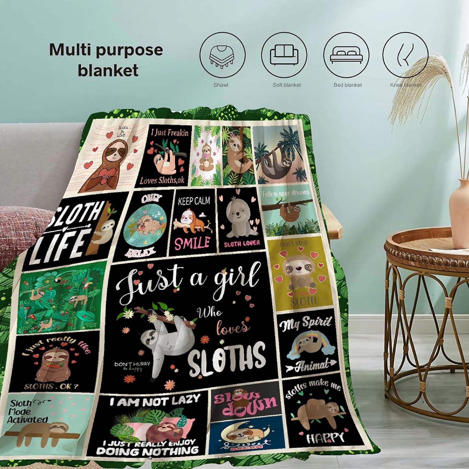 Khumbhira Manta con texto en inglés Just A Girl Who Loves Slothsloths, regalos para niños y niñas, decoración kawaii de felpa, suave y ligera, de