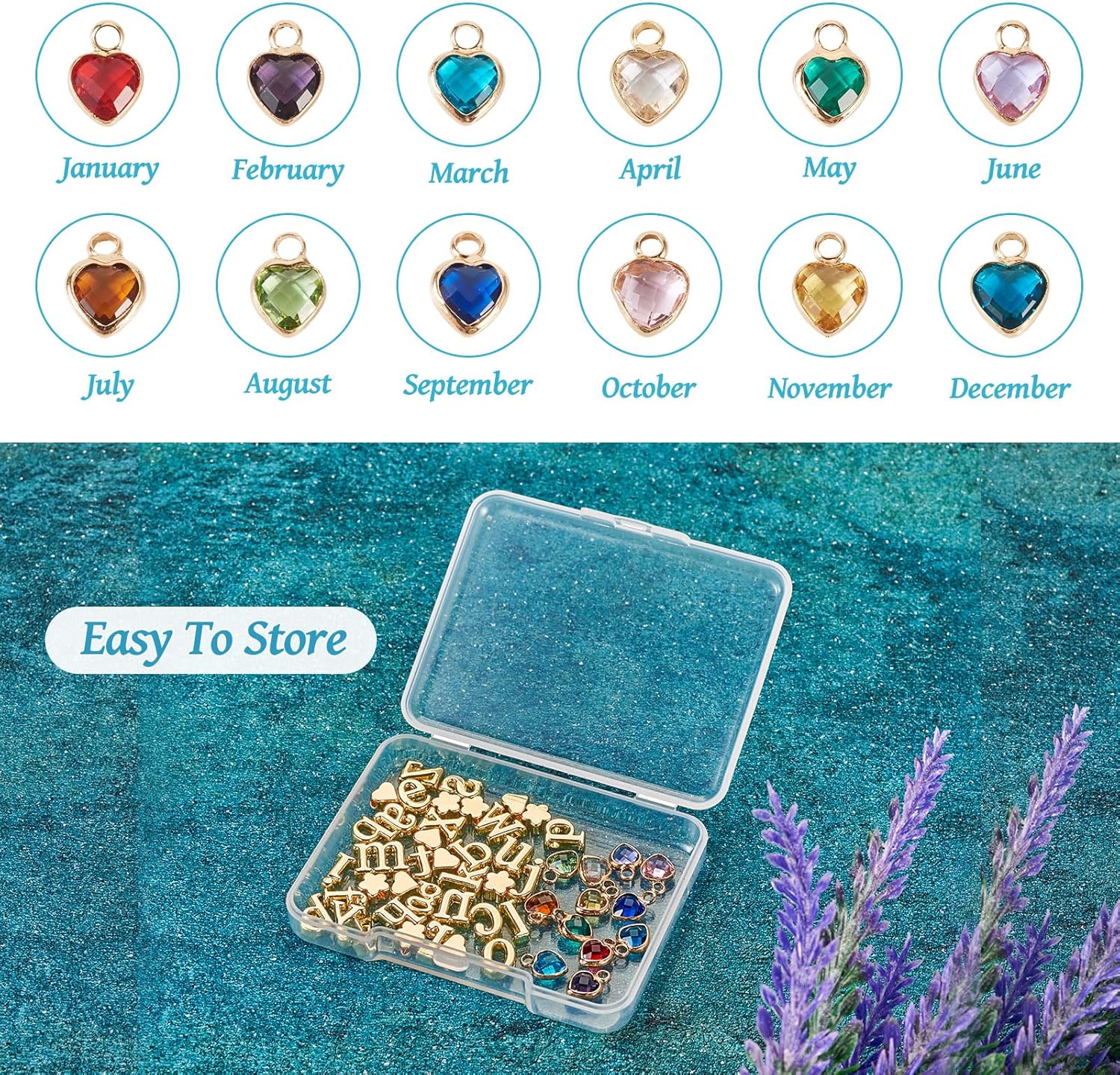 Cheriswelry Juego de 50 piezas de joyería de piedra natal con forma de corazón, dijes de cristal de aleación de letra A  Z, cuentas de latón, flores