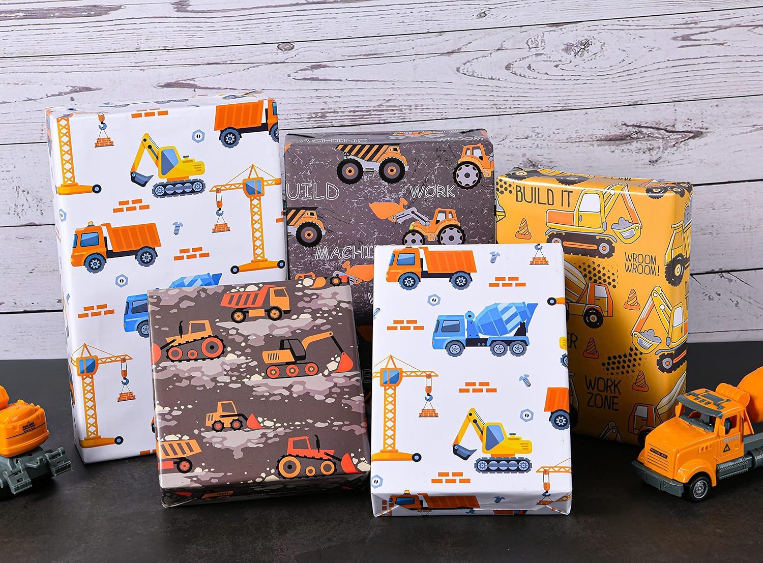 Sikiweiter Papel de regalo de construcción, 12 hojas de papel de regalo de construcción para cumpleaños con camiones, 19.7 x 27.6 pulgadas por hoja