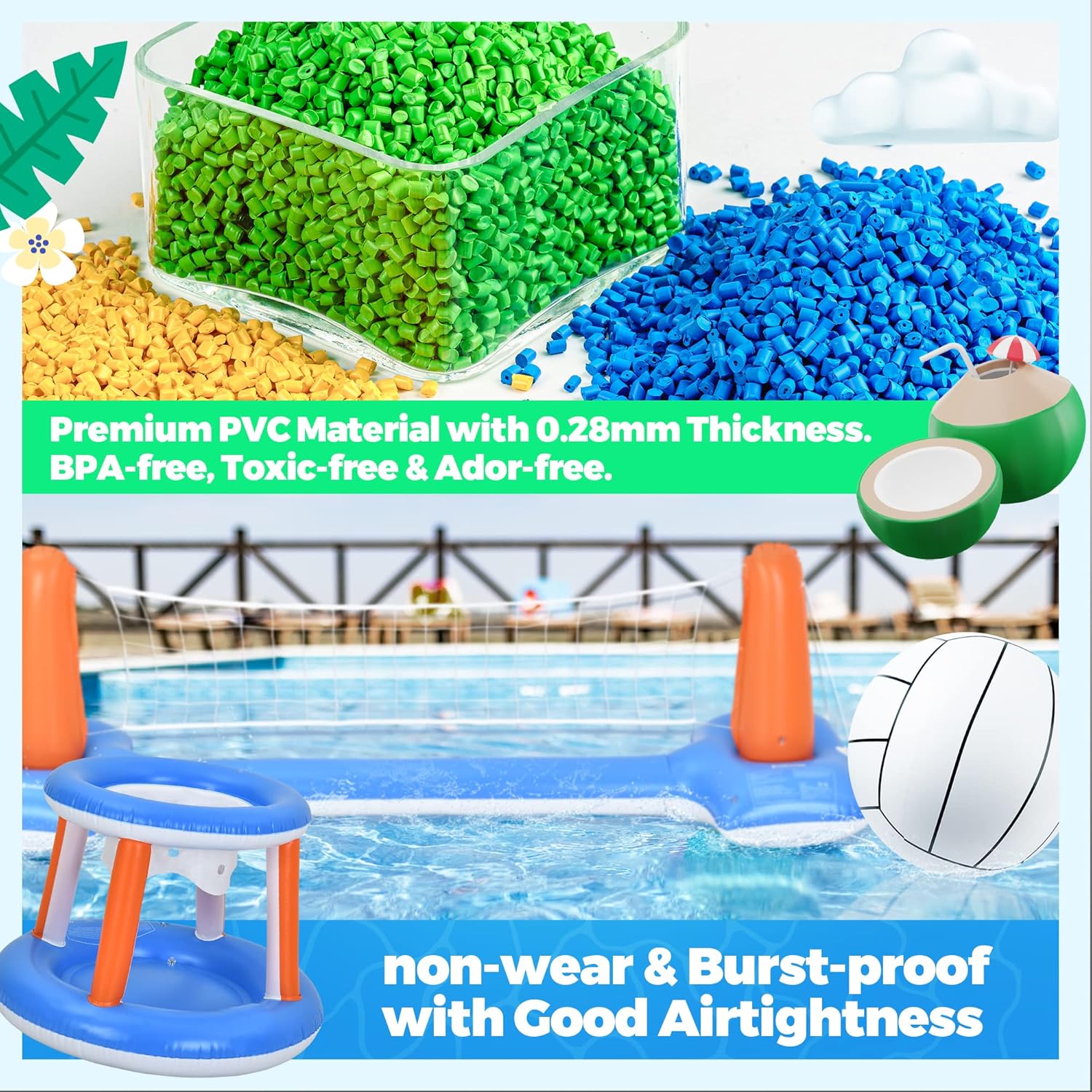 BELLOCHIDDO Juguetes de piscina  Juegos de baloncesto y voleibol para piscina, incluye red inflable de voleibol, aro de baloncesto flotante y fútbol