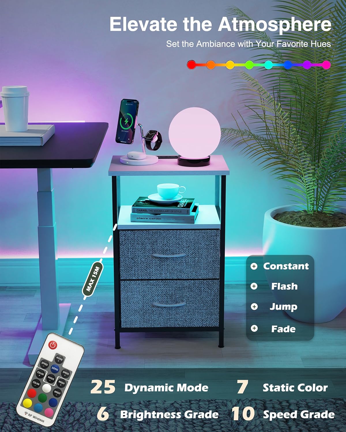 Innerjoin Mesita de noche con estación de carga puertos USB A y C, mesita de noche LED con 2 cajones y estante de almacenamiento, soporte de cama