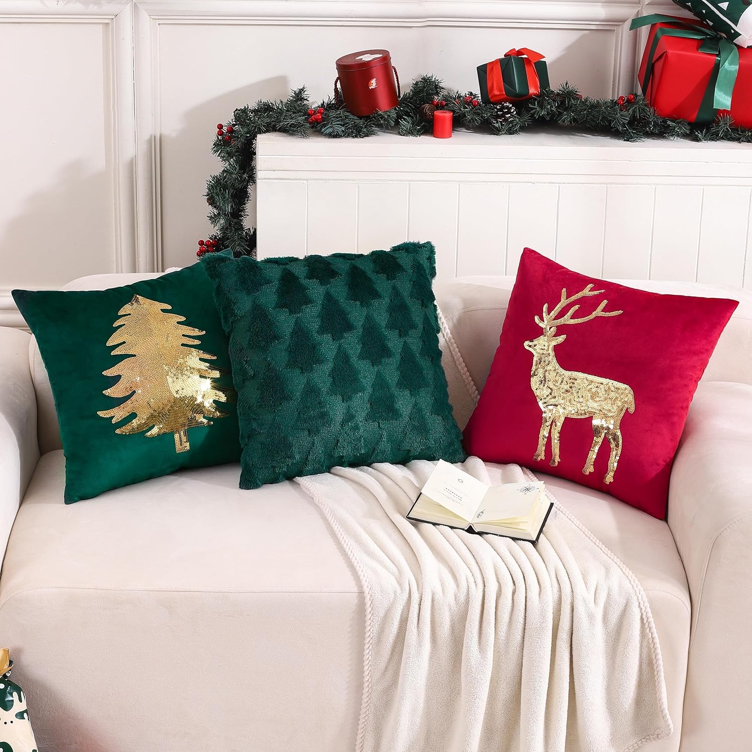 Fundas de almohada de Navidad de 18 x 18 pulgadas, juego de 2 fundas de almohada verde oscuro con lentejuelas para árbol de Navidad, decoración de