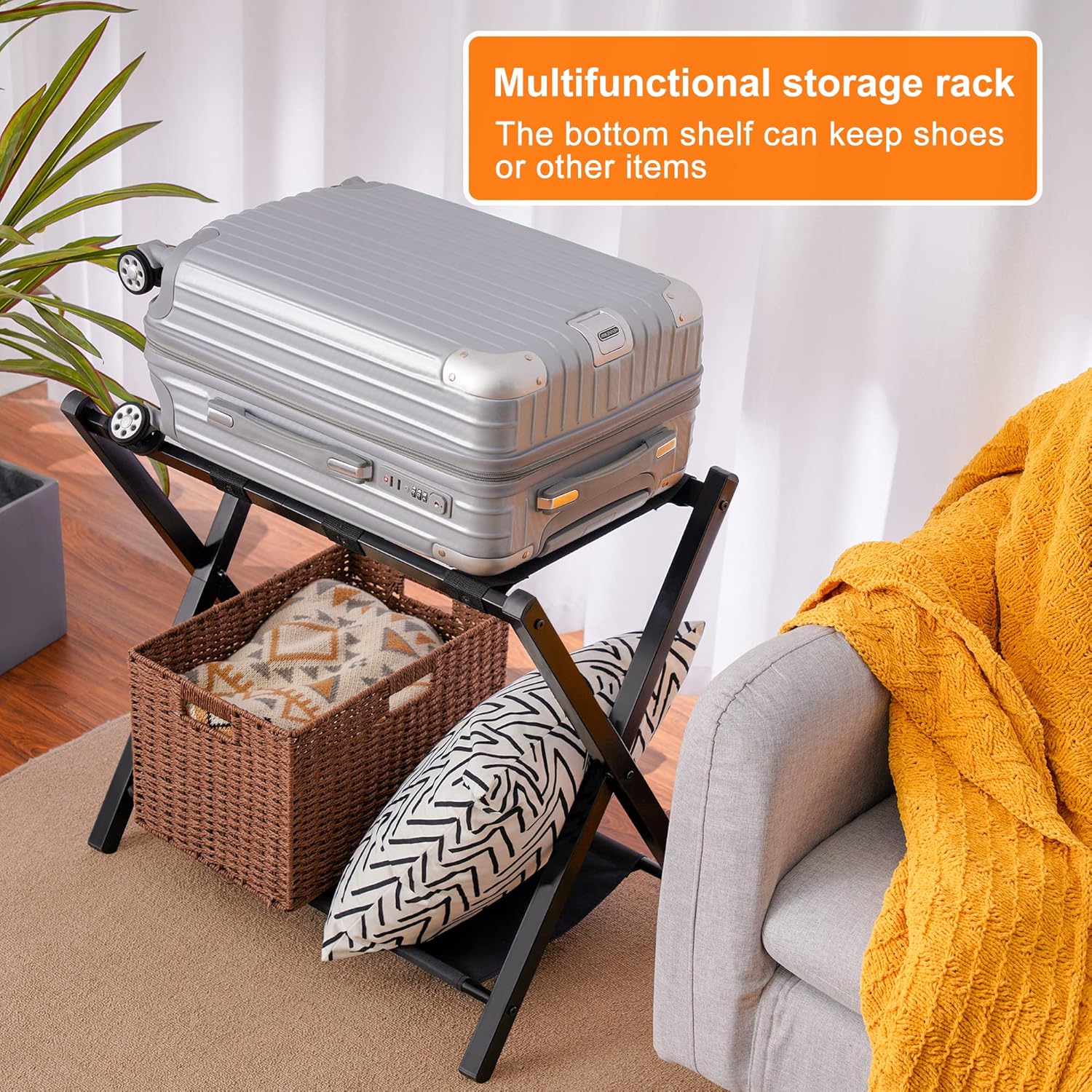 Heybly Portaequipajes, paquete de 2, soporte plegable de acero para maleta con estante de almacenamiento para habitación de invitados, dormitorio,