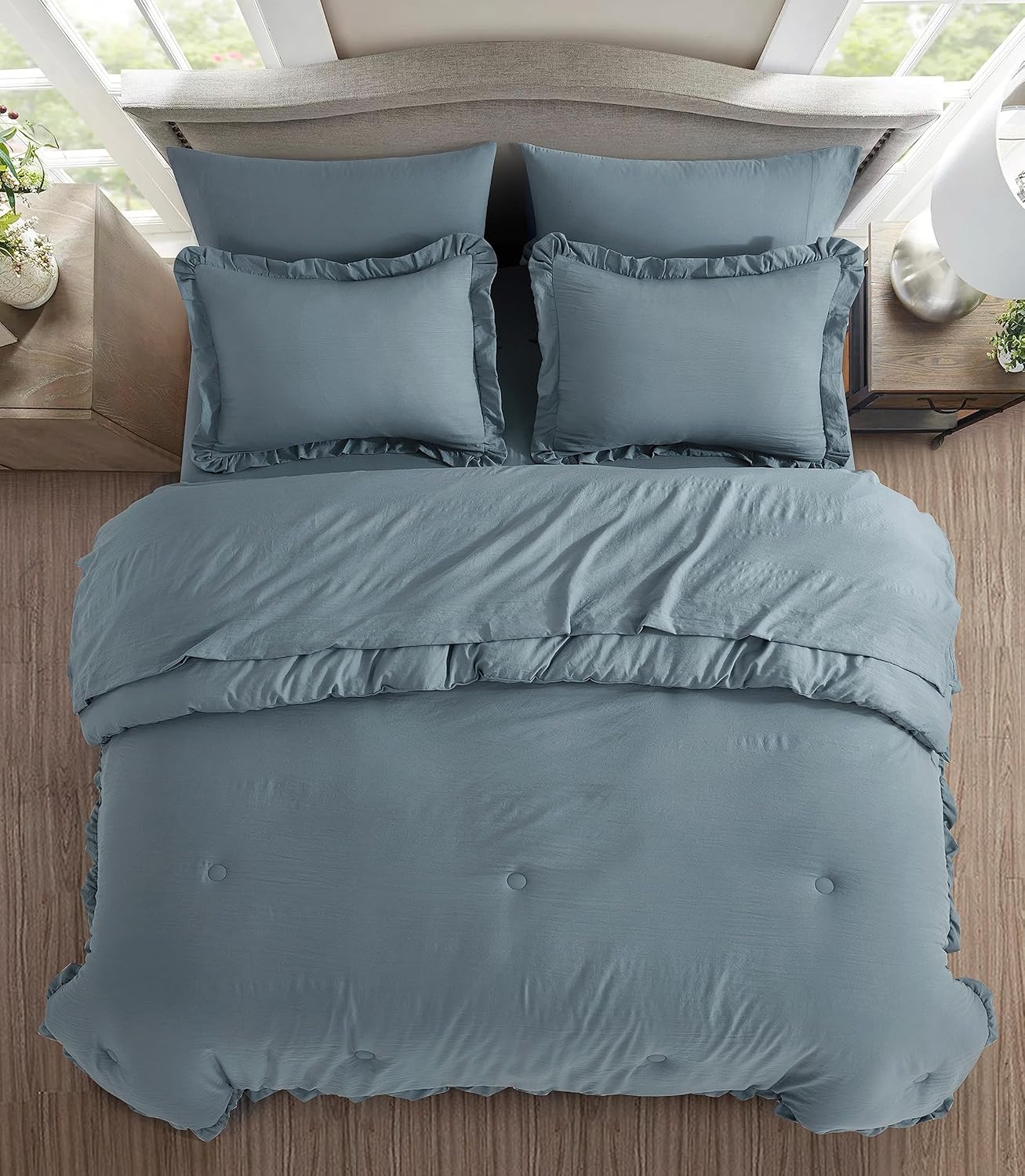 Chezmoi Collection Eleanora – Juego de cama Queen extragrande en una bolsa, 7 piezas con borde de volados, microfibra lavada a piedra con sábanas,