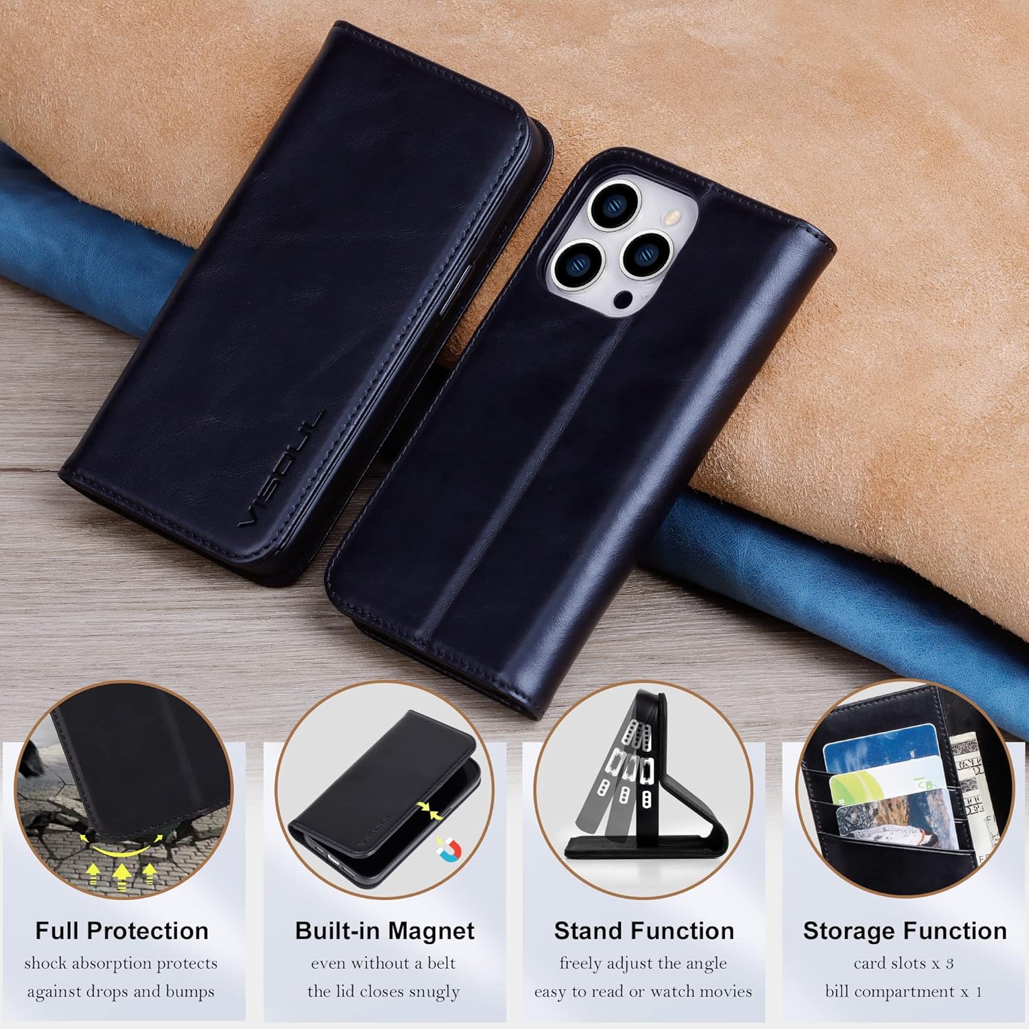 VISOUL Funda de piel auténtica compatible con el teléfono 15 Pro, funda magnética con tapa y soporte para tarjetas para mujeres y hombres, funda